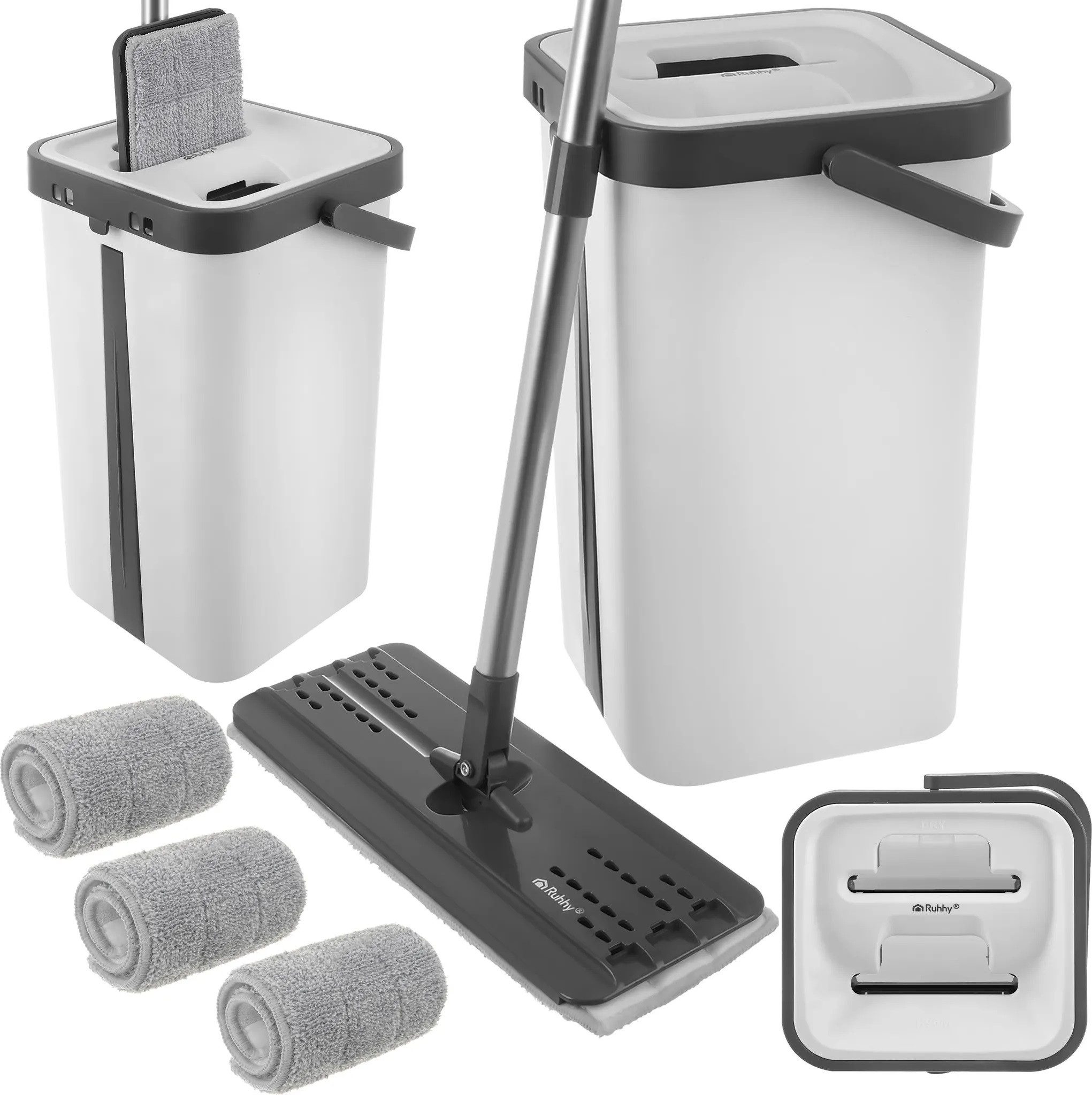 Ruhhy Wischmopp Wischmopp Set 2-Kammer Eimer 8,5L, Bodenwischer mit Auswringfunktion, (Packung-Set, Flachmopp mit Mikrofaser Aufsätzen für Nass- & Trockenreinigung), 360-Grad-Drehung & mit Mikrofaser Aufsätzen für Nass-&Trockenreinigung