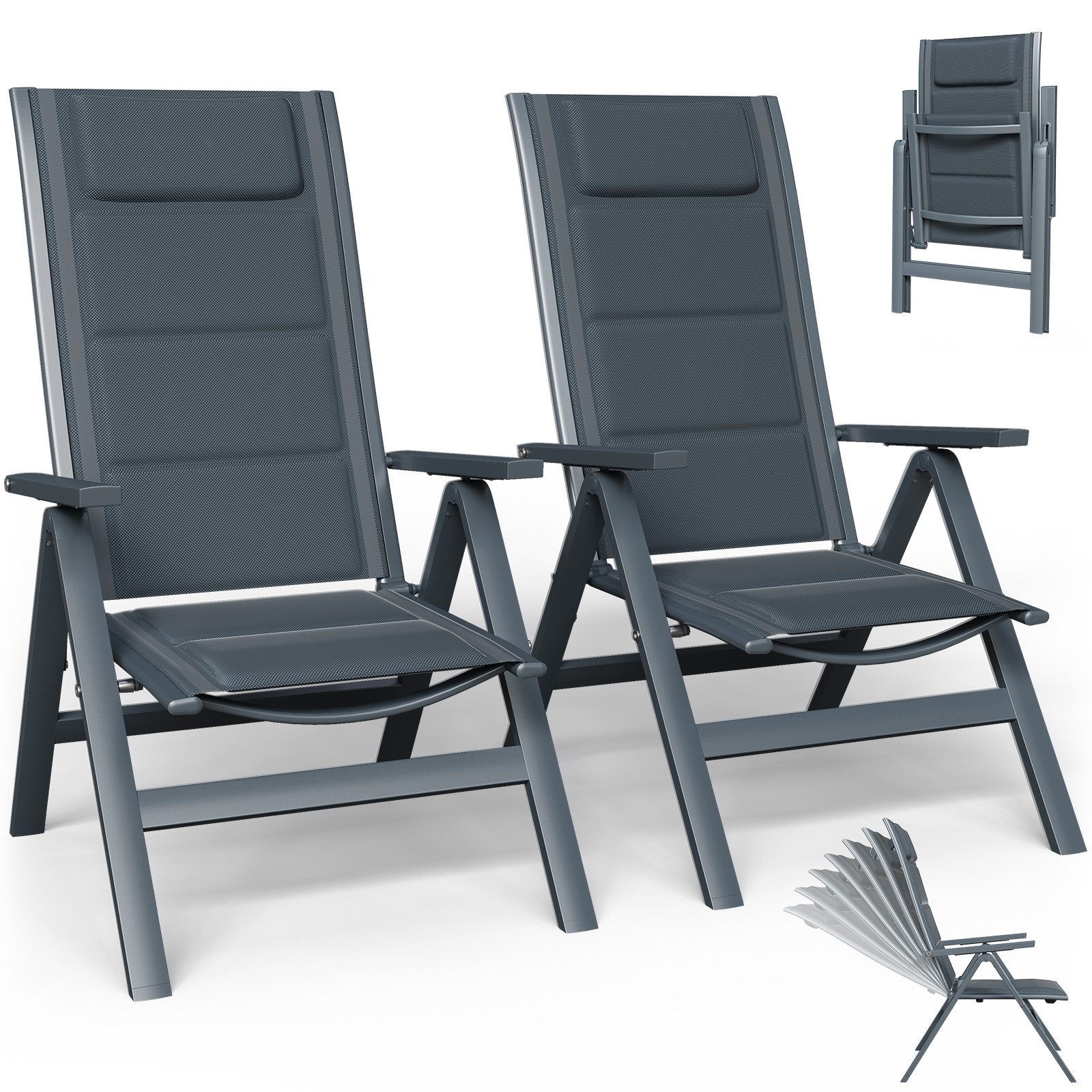 Furnicopia Gartenstuhl Gartenstühle Faltbarer Liegesessel Hochlehner Alu 7-fach verstellbar (Set, 2 St), Bis 120 kg, Stabile Gartenstühle mit Rückenlehne & Armlehnen