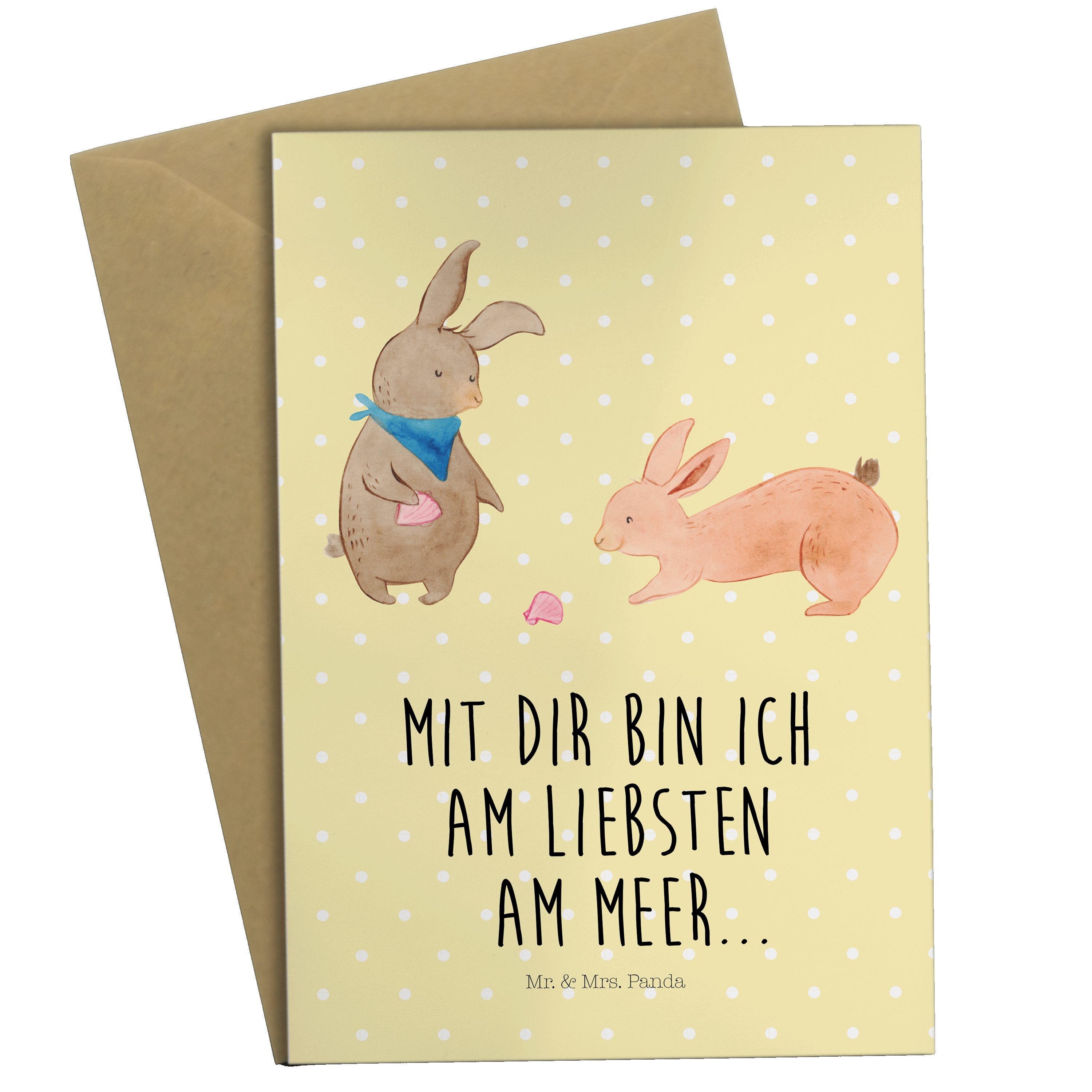 Mr. & Mrs. Panda Grußkarte Hasen Muschel - Gelb Pastell - Geschenk, Freundin, Vatertag, Ferien | Grußkarten