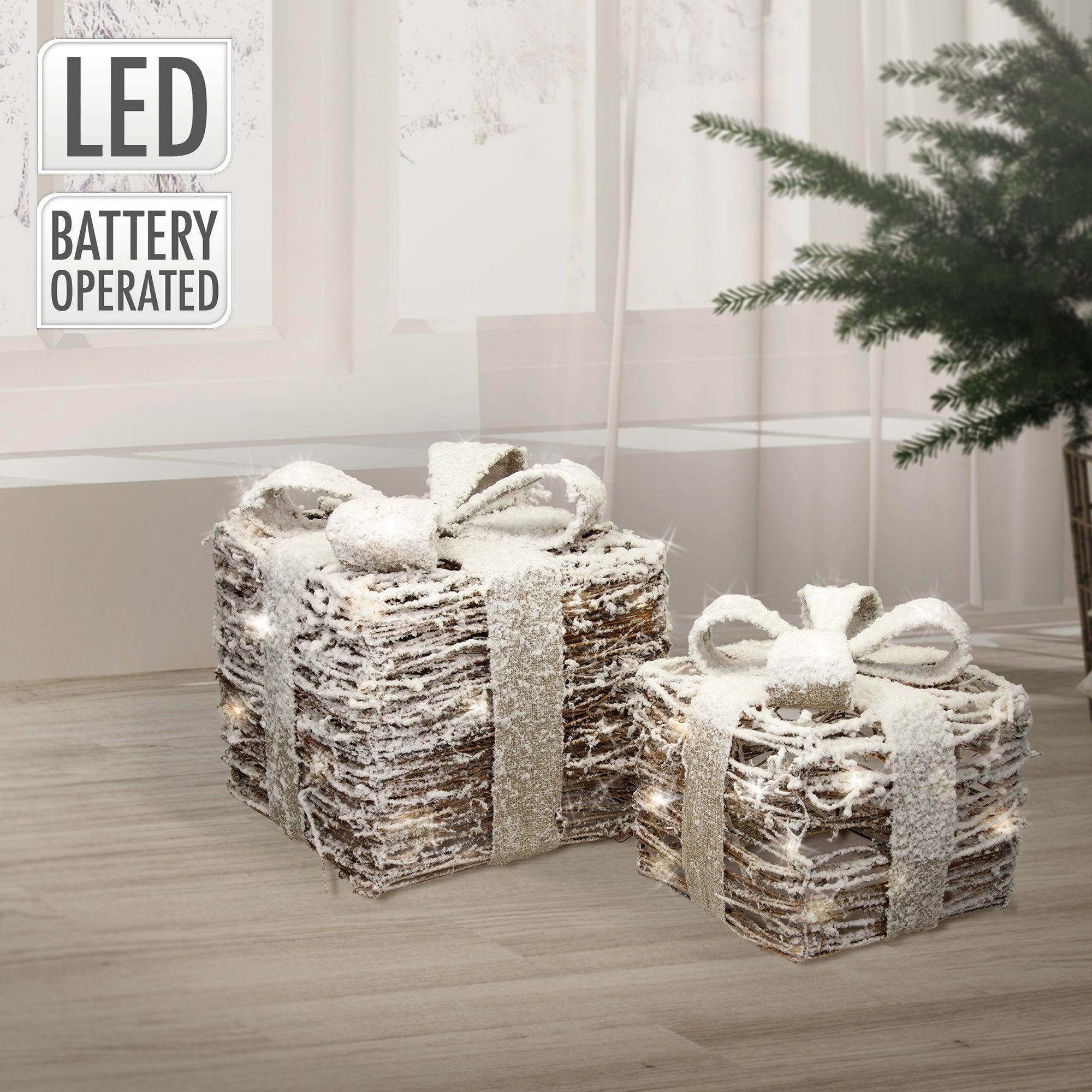 ECD Germany Weihnachtsfigur LED Geschenkboxen 2er Set Braun aus Rattan