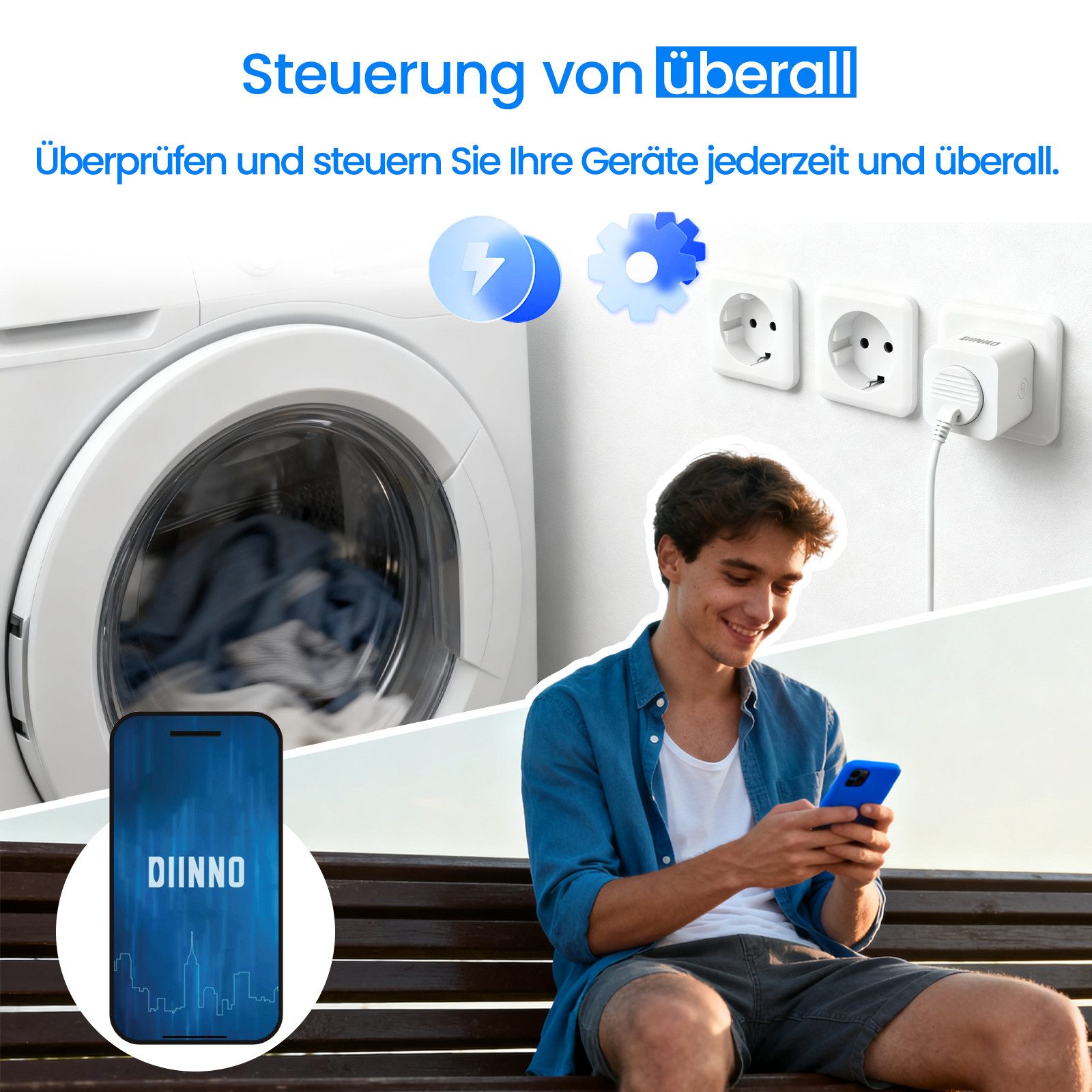DIINNO WLAN-Steckdose WLAN-Steckdose, max. 3680 W, Packung, 1-St., Mit Echtzeit-Energiemessung und Verbrauchsstatistik