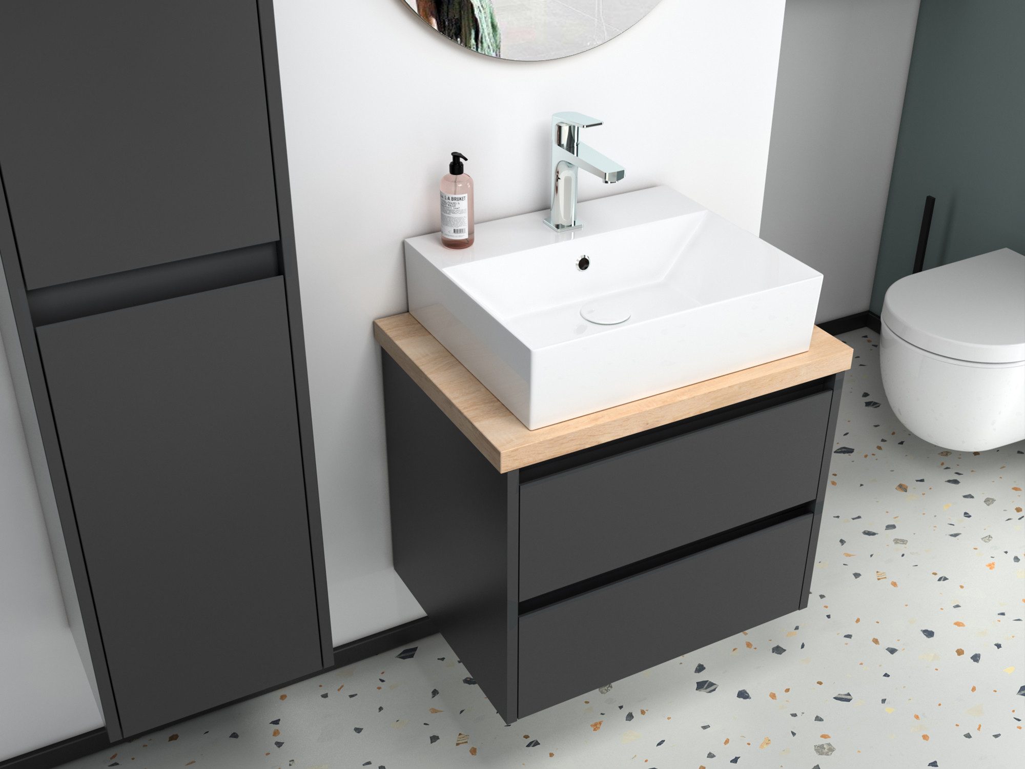 Aqua Bagno Badmöbel-Set Unterschrank mit Waschtisch Anthrazit Matt Lackiert Badschrank, (vormontiert, 3-St., Badmöbelschrank lackiert, Trägerplatte, Keramikwaschbecken), einfache Montage, modern