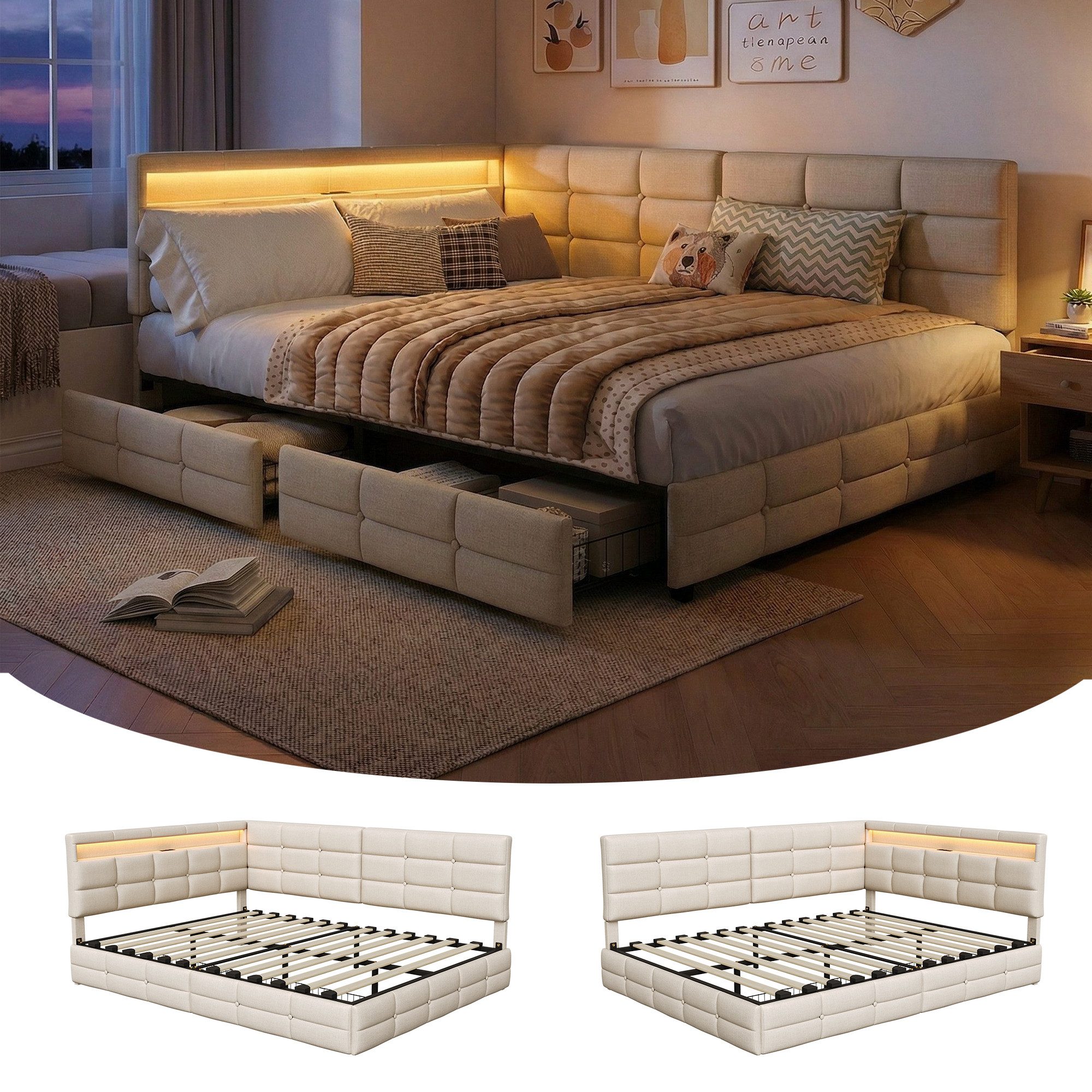 PXloue Polsterbett Daybett Tagesbett (Doppelbett,Kopfteil links oder rechts montierbar), Schlafsofa,2 Schubladen, Mit LED und USB-Ladeanschluss,140x200 cm