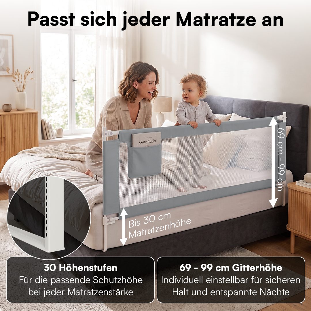 Bellabino Bettschutzgitter Rausfallschutz Drina höhenverstellbar 62-93cm/69–99cm (150 cm breit, 1 St., Hellgrau), Rausfallschutz, klappbar & kombinierbar, verfügbar in B 150/180/200 cm
