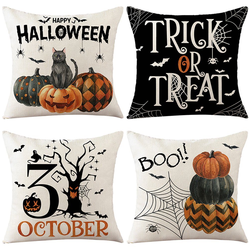 Kissenbezug 4 Stück, Halloween-Motiv, Leinen, für Bett Sofa Deko, Rosnek (4 Stück)