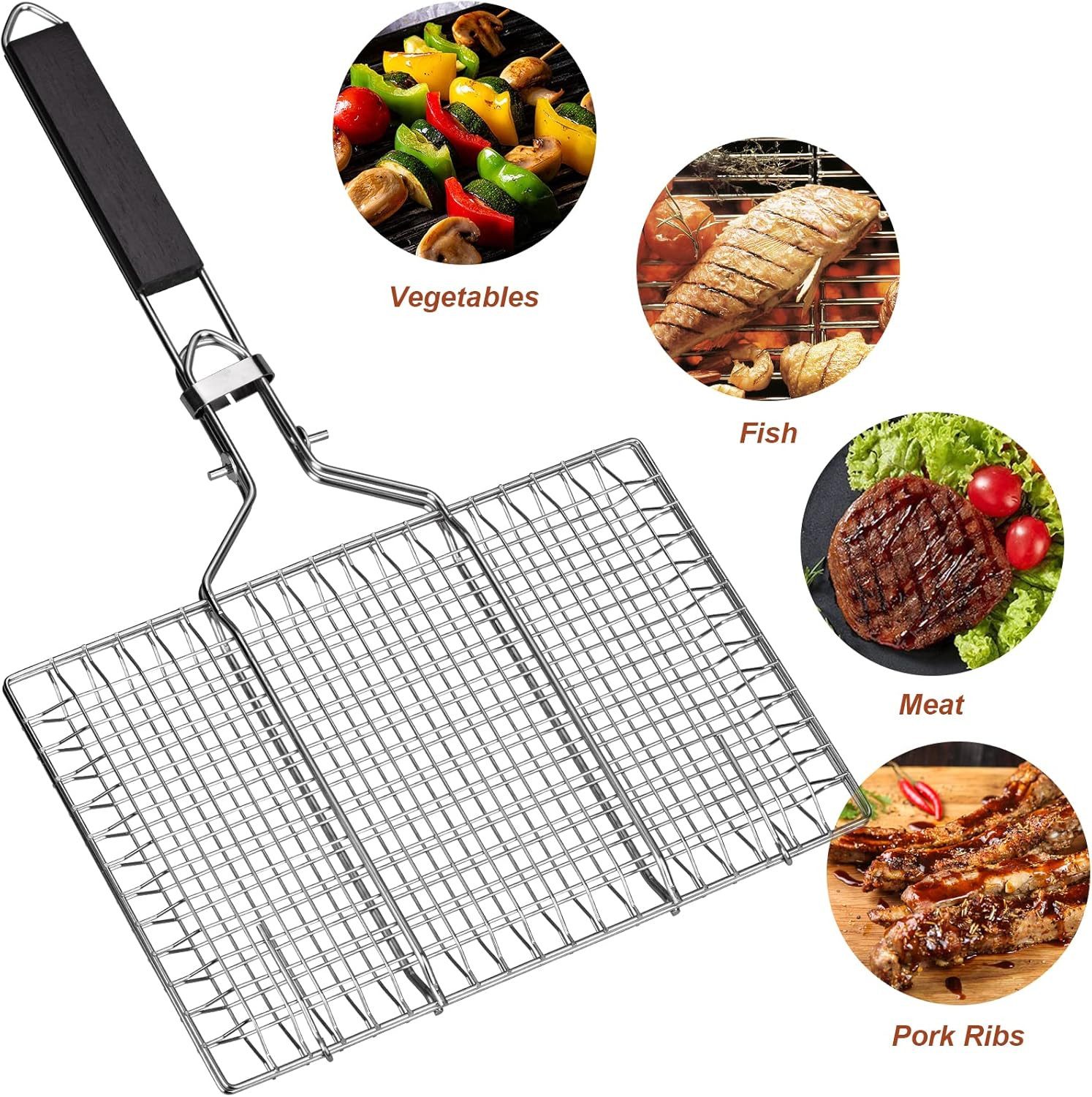 Refined Living Grillguthalter Grillkorb Edelstahl faltbar Fisch Gemüse Grillgitter mit Tasche,Bürste, Edelstahl, Antihaft-Beschichtung, (Fischgrillkorb, BBQ Grillkorb faltbar, Grillkorb mit Holzgriff, Grillzubehör Fisch Gemüse, Edelstahl Grillgitter, Grillkorb Outdoor Camping, BBQ Korb klappbar, Rostfreie Zubehör Körbe zum Grillen, mit abnehmbarem Griff, tragbares Grillgitter, 1-St., Fischbräter Grill, Abschließbares Gitterdesign, Antihaft-Beschichtung), für Fischsteak,Gemüse, Garnelen, inklusive Backpinsel & Oxford-Tasche