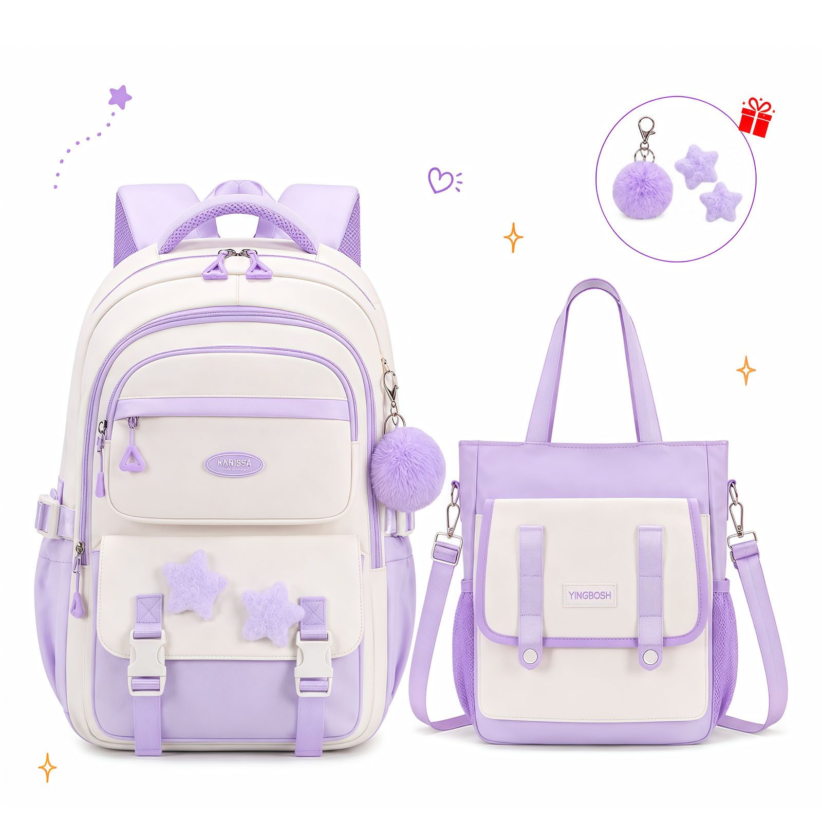 MOPUEA Schulrucksack Schulrucksack Mädchen, Großes Fassungsvermögen (Mit Trolleyband, Pom-Pom-Anhänger und Sternenabzeichen, Bequem, 2-tlg., Lässiger Rucksack für Teenager, Ideal für Schule, Schulstart), 2-teiliges Set mit Schulrucksack & Nachhilfebeutel