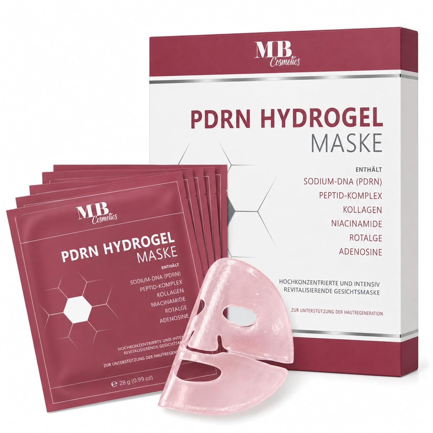Medical Beauty Cosmetics Gesichtsmaske PDRN Hydrogel Maske mit Lachs DNA, Kollagen, Peptid Komplex, 5-tlg., Glass Skin Glow Effekt, mit Niacinamid & Rotalge