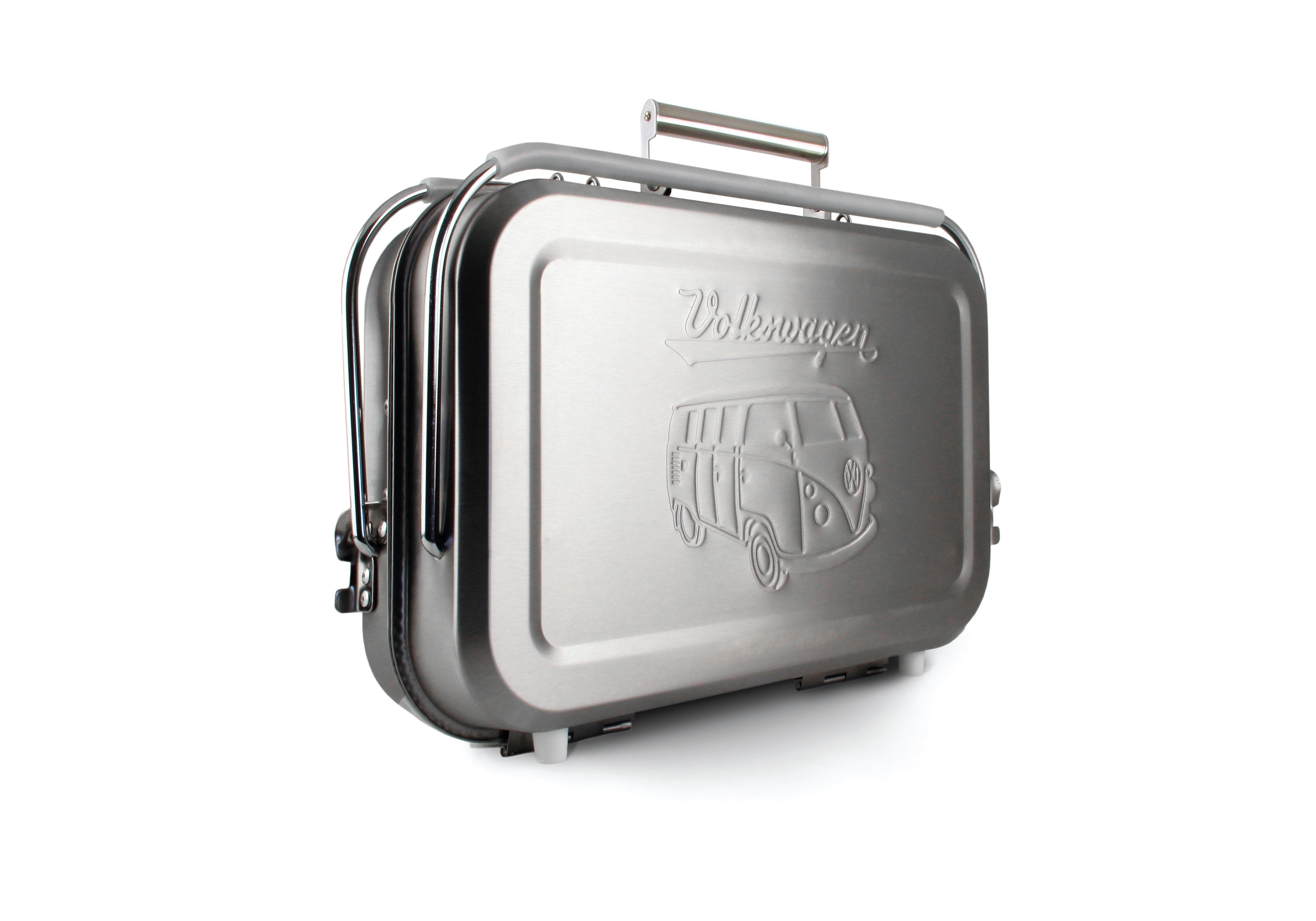 VW Collection by BRISA Holzkohlegrill Portabler Minigrill mit VW T1 Bulli Motiv, platzsparender Koffergrill, 40x28x10cm