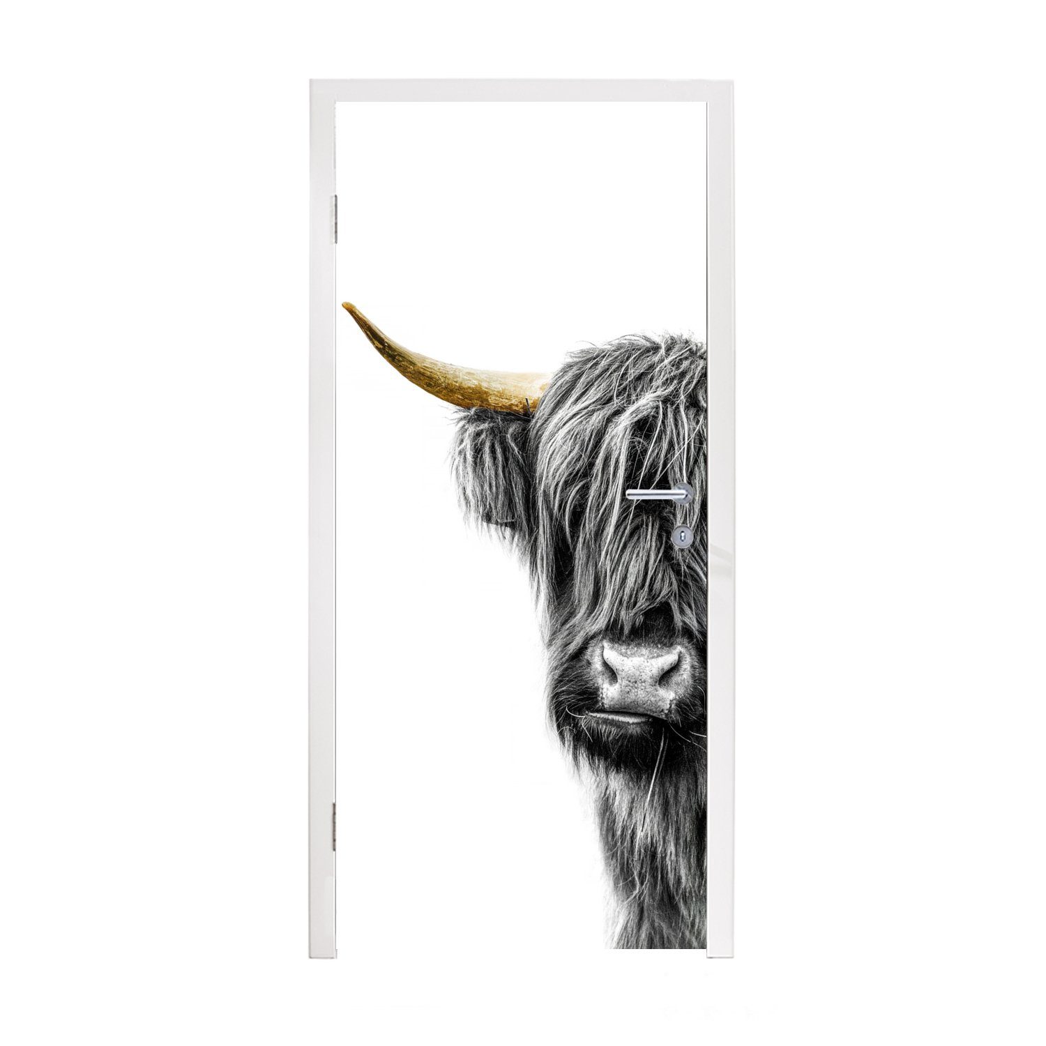 MuchoWow Türtapete Schottischer Highlander - Türaufkleber, Fototapete bedruckt, Matt, - Tiere (1 Schwarz Tür, cm 75x205 für und Gold, St)