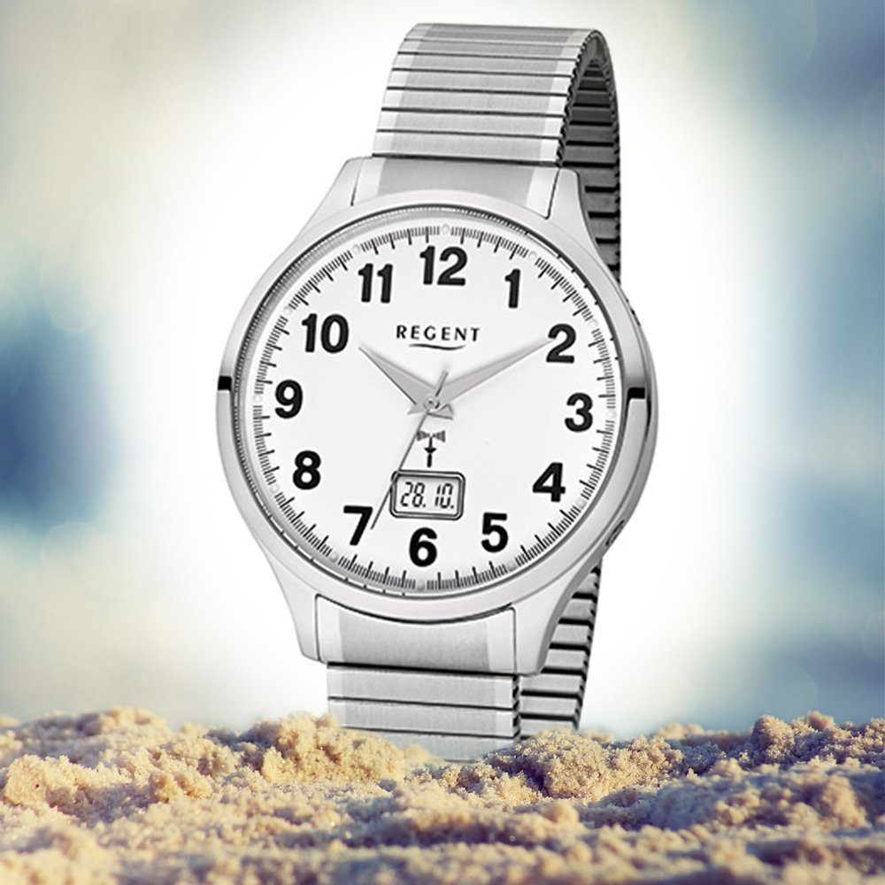 Regent Funkuhr groß Herren-Armbanduhr rund, (ca. Funkuhr 40mm), Herren silber, Regent Edelstahlarmband