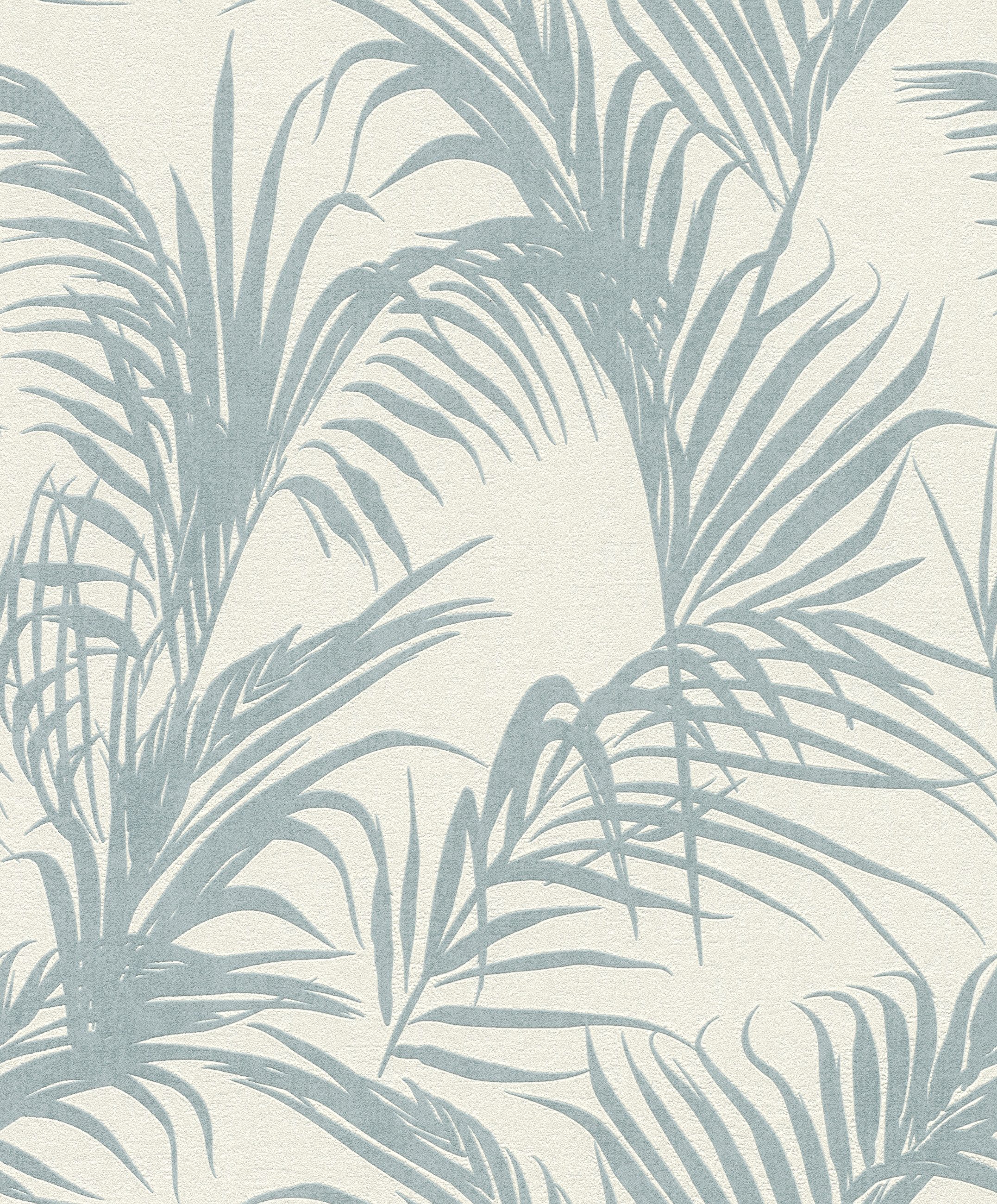 Rasch Vliestapete Palmwedel - Vliestapete Weiß Blau, floral, strukturiert, matt, (1 Rolle, 1 St., Kollektion 'Deco Style' - 10,05 m x 0,53 m), Lichtbeständige Farben - Feucht abwischbar - Restlost abziehbar