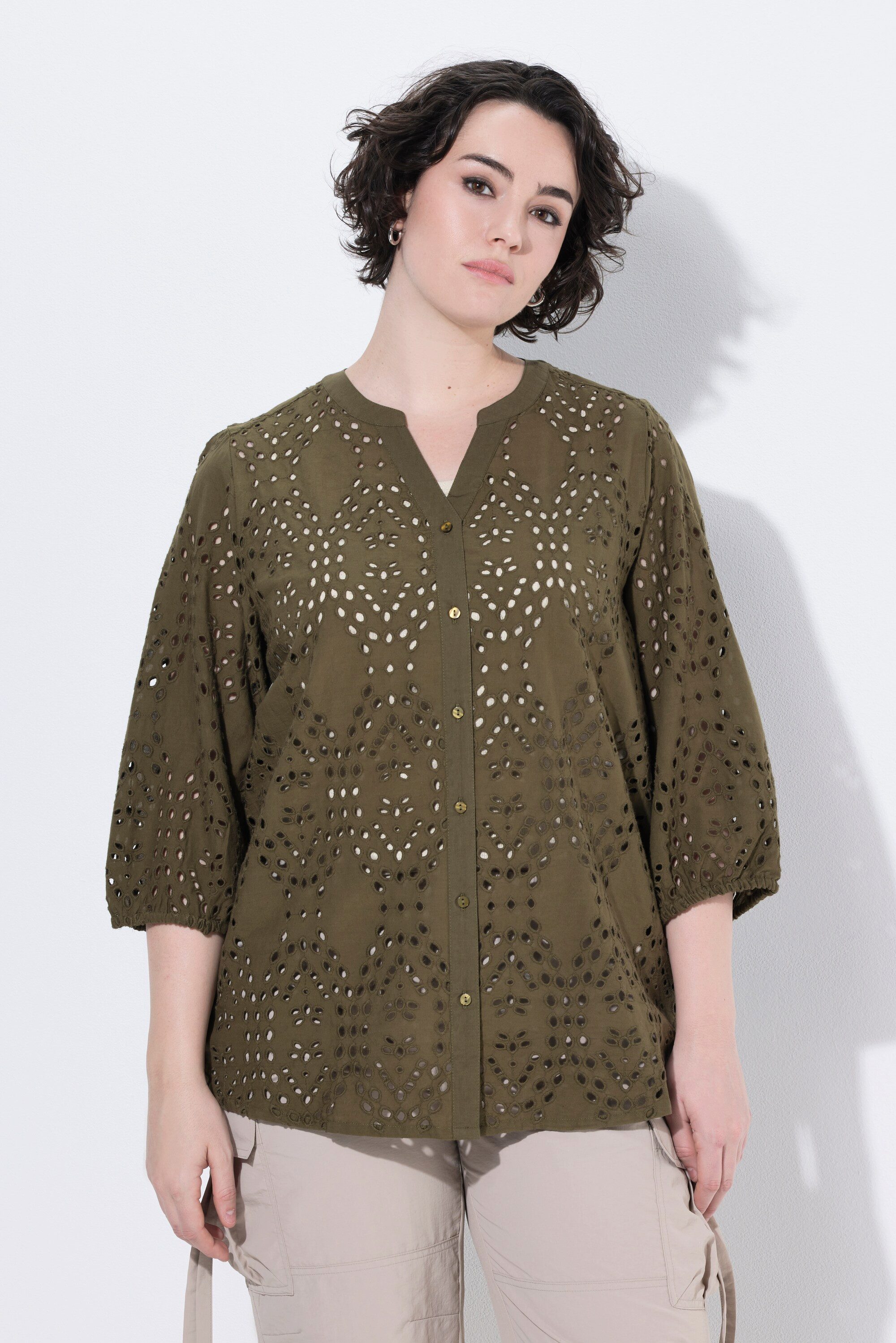 Ulla Popken Tunika Baumwoll-Bluse Stickerei V-Ausschnitt 3/4-Arm