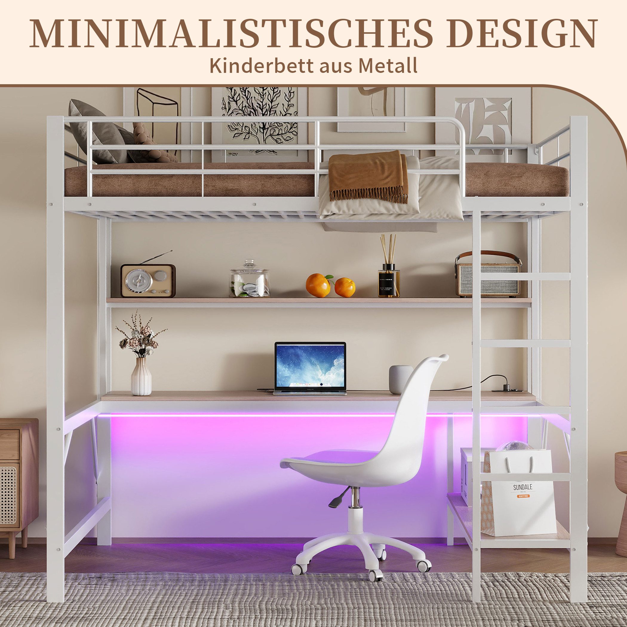 SeedWave Hochbett Vielseitige LED Hochbett Einzelbett mit Schreibtisch, 90/140 x 200cm Mit 2 Regalen, 5-Stufige vertikale Leiter