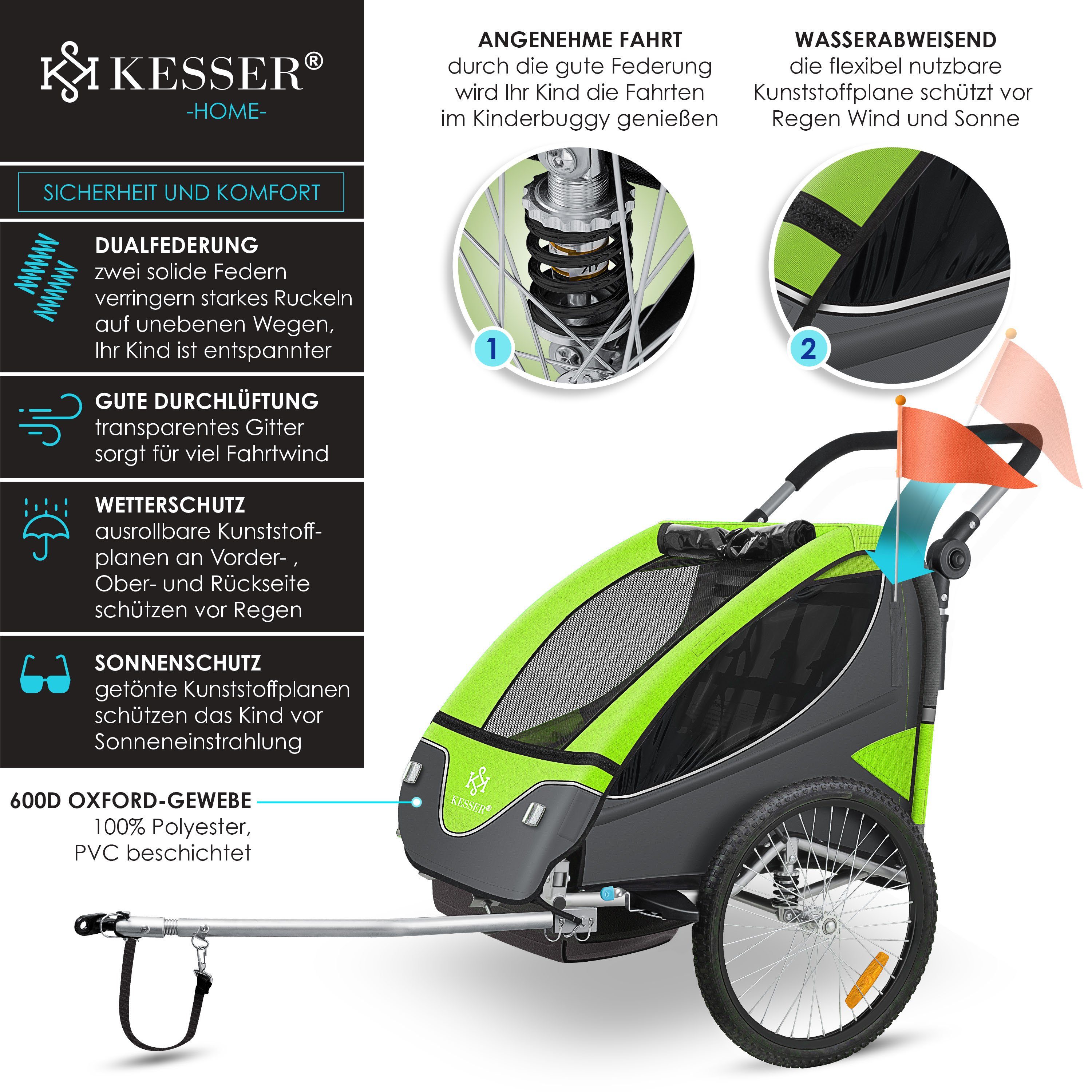 KESSER Fahrradkinderanhänger, Kinderanhänger Fahrradanhänger 360° Drehbar mit Feder