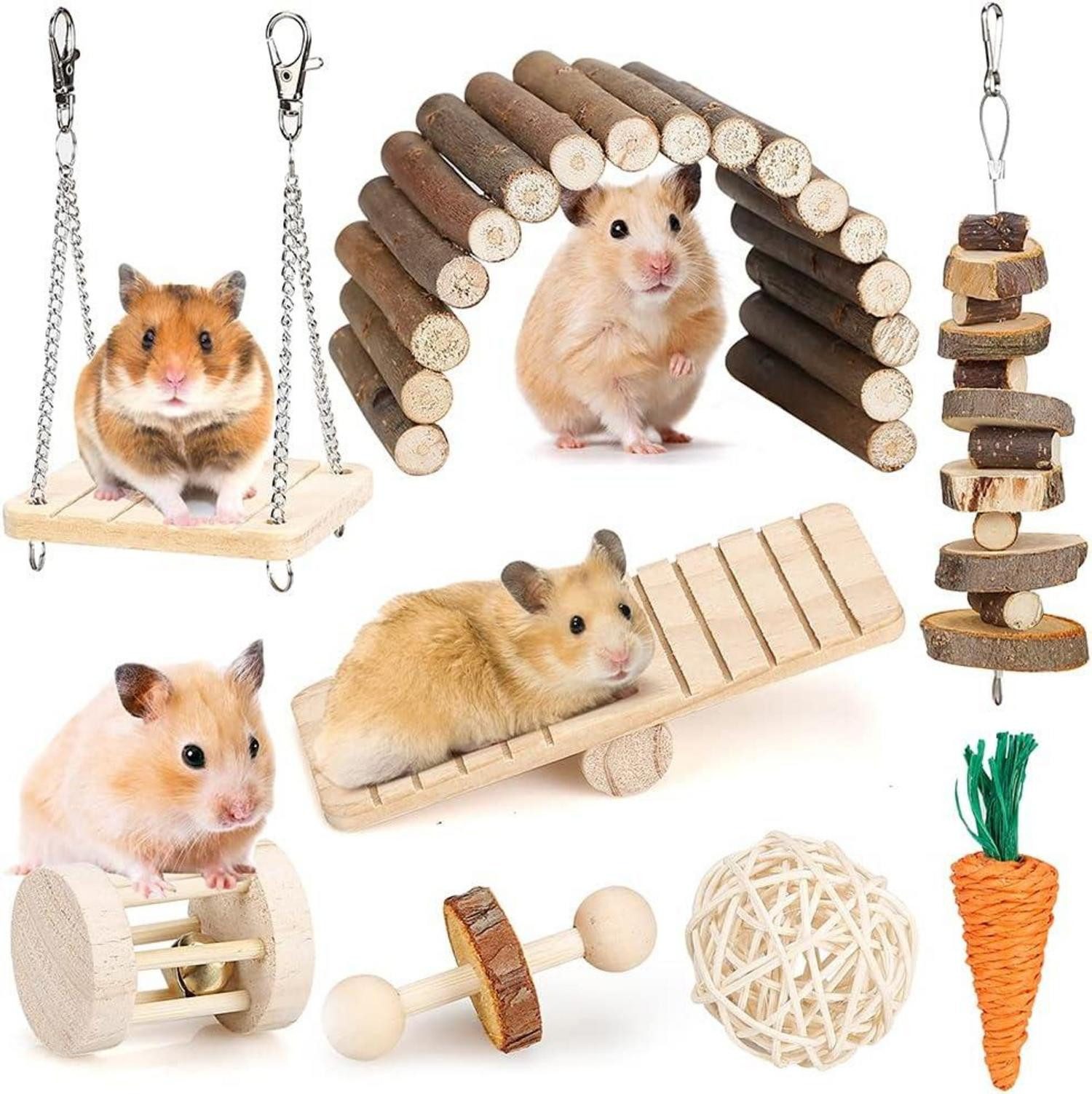 Kleintierkäfig Hamster-Kauspielzeug-Set Naturholz Brücke Leiter Wippe Glockenrassel