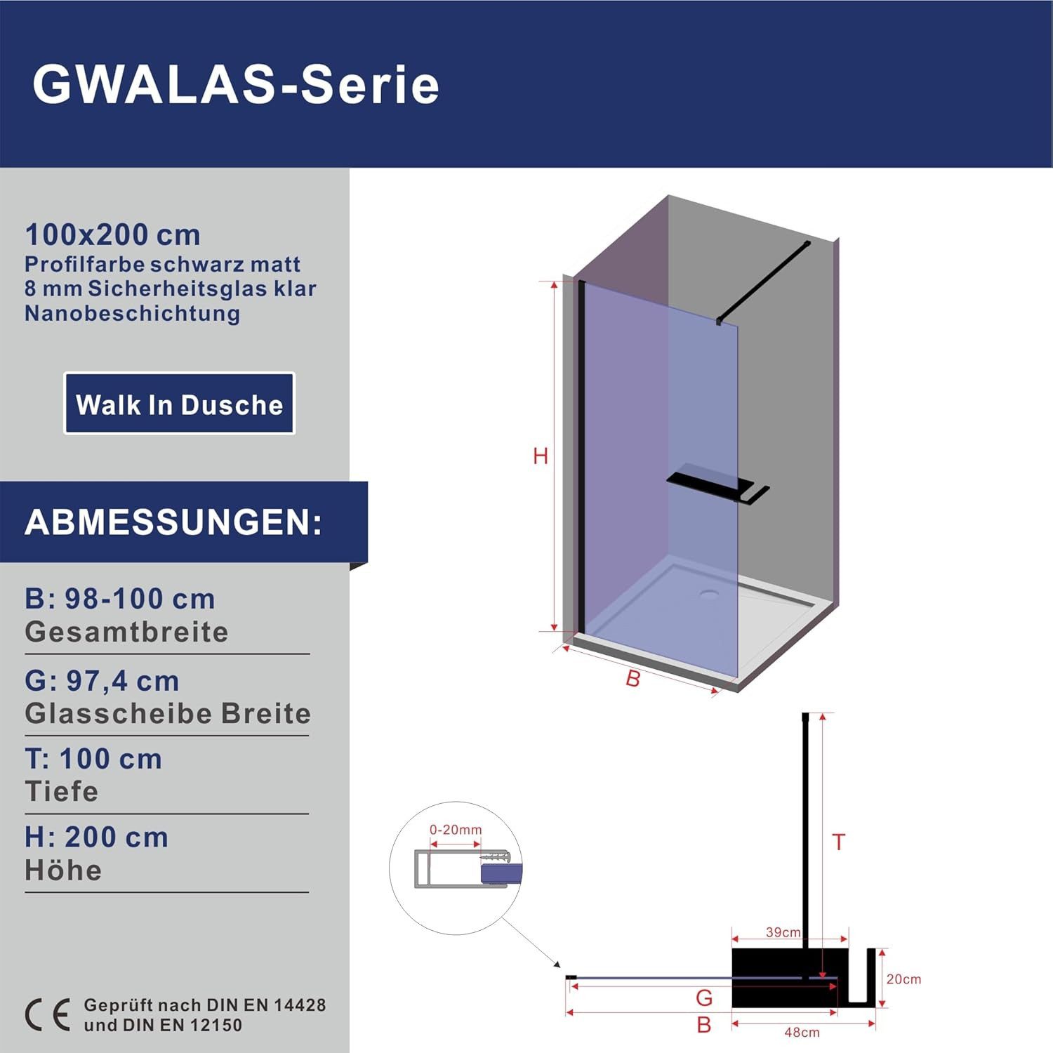 AQUABATOS Walk-in-Dusche 8mm Nano Glaswand Walk In Dusche Duschkabine Duschwand mit Duschablage, Einscheibensicherheitsglas, Aluminiumprofile in schwarzmatt,ESG Nano Beschichtung,mit Stabilisator