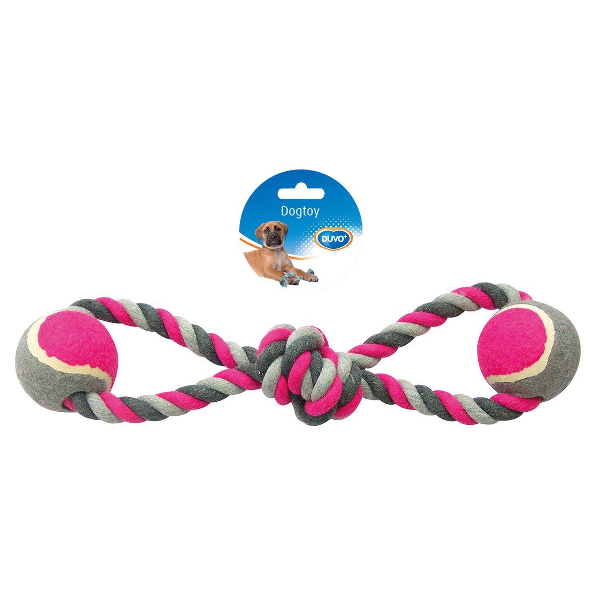 DUVO+ Spielball Hundespielzeug Knot Baumwolle 8-Ring + 2 Tennisbälle grau/rosa | Spielbälle