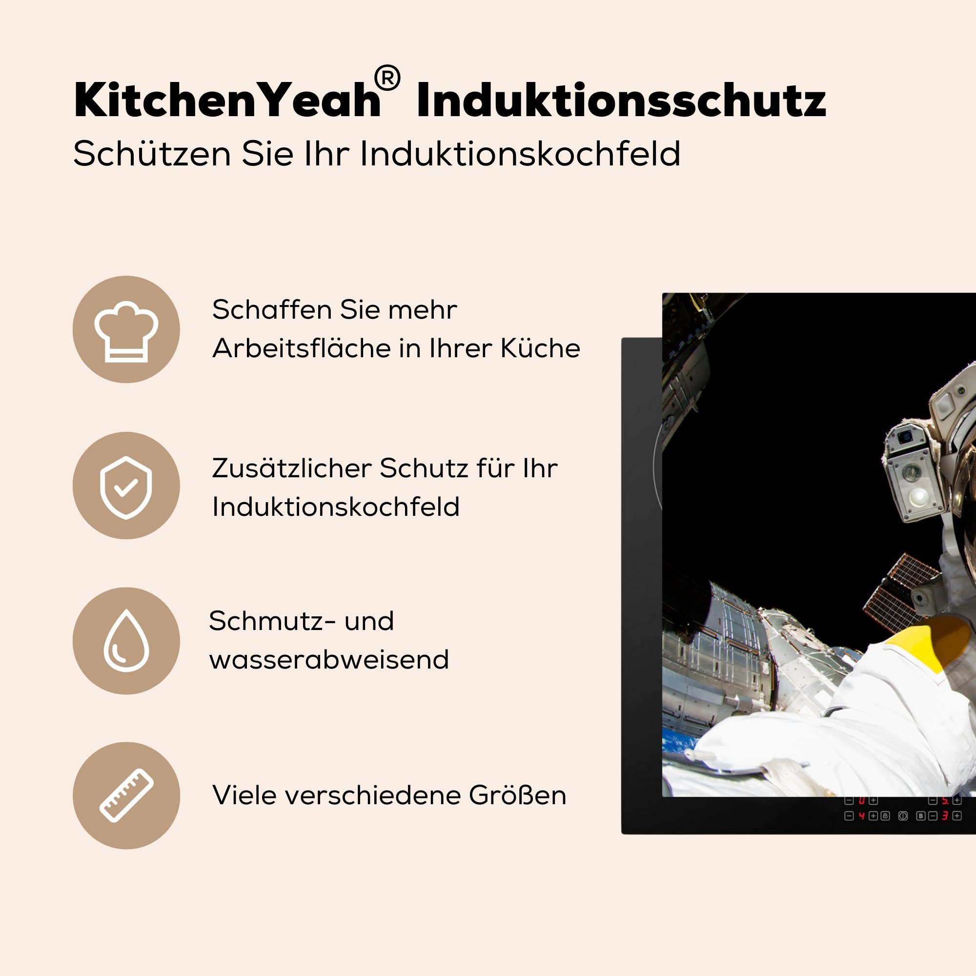 (1 Induktionskochfeld Schutz für Herdblende-/Abdeckplatte cm, tlg), die MuchoWow Weltraum Helm, - Ceranfeldabdeckung Vinyl, Astronaut küche, - 81x52