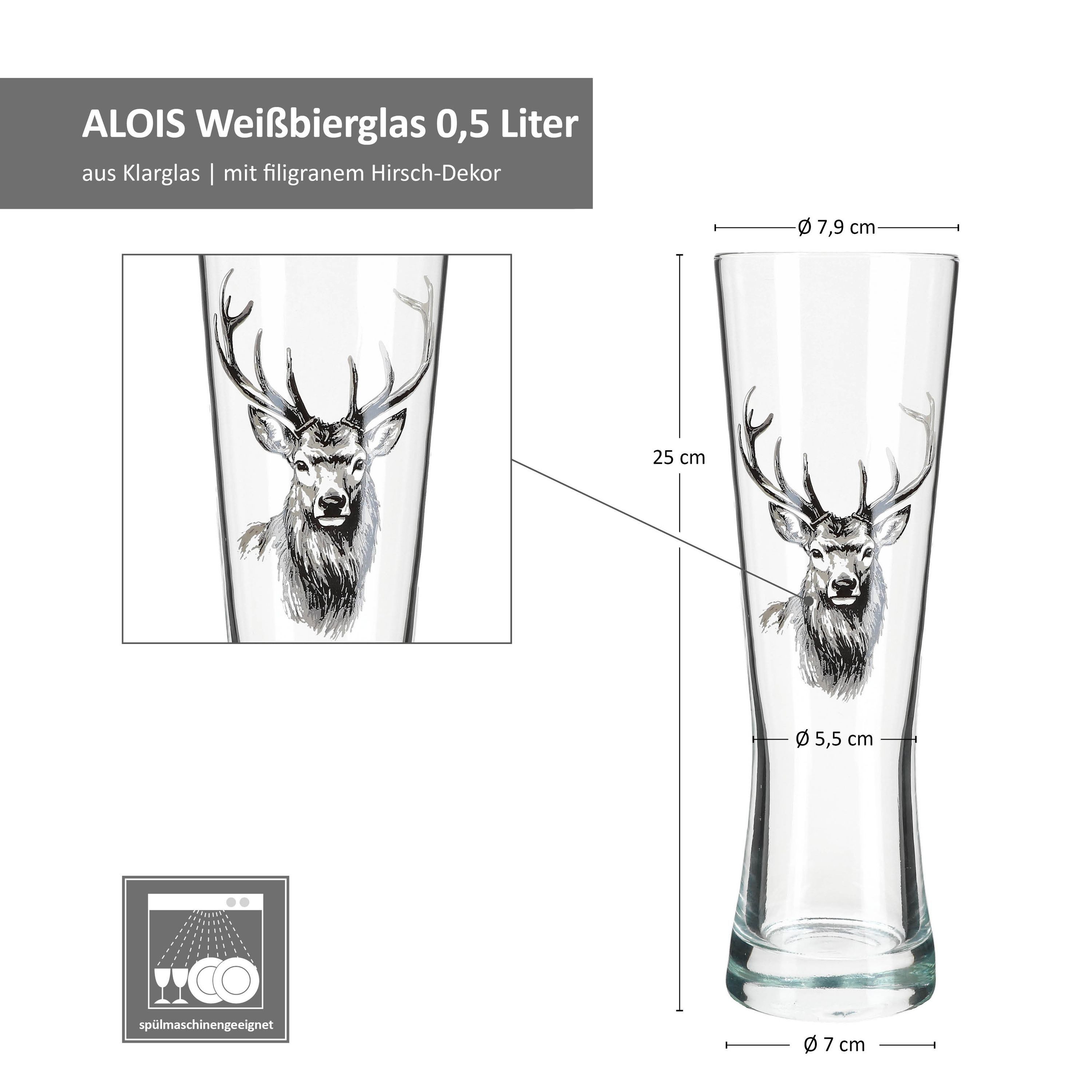 MamboCat Bierglas Alois 6er Set Weizenglas 0,5 L Hirschmotiv Geschenkverpackung, Glas