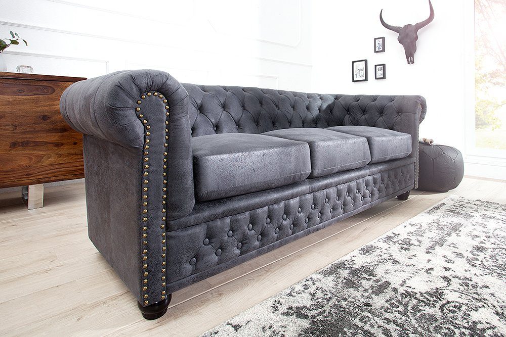 riess-ambiente Sofa CHESTERFIELD 200cm antik grau, 1 Teile, Wohnzimmer ·  Microfaser · 3-Sitzer · Federkern