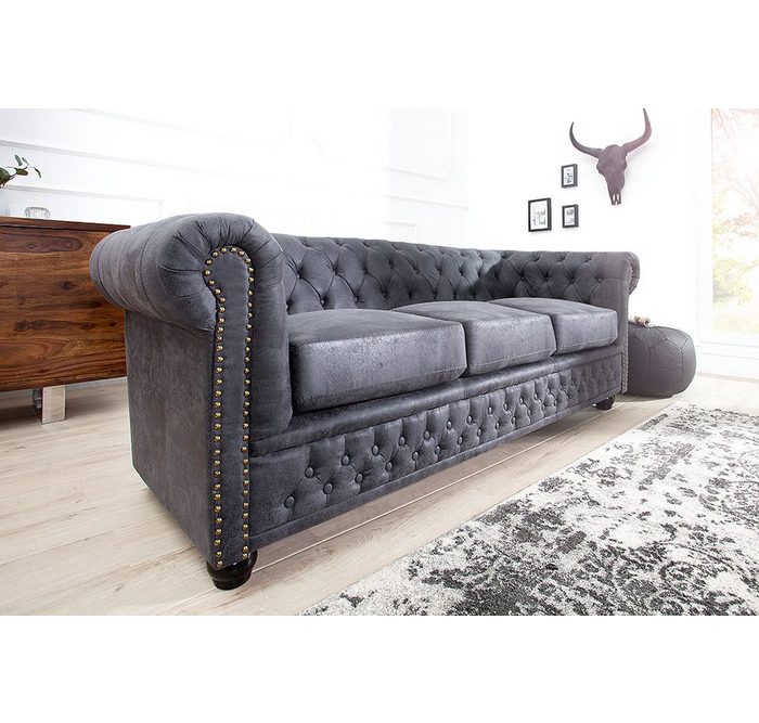 riess-ambiente Sofa CHESTERFIELD 200cm antik grau 1 Teile Wohnzimmer · Microfaser · 3-Sitzer · Federkern