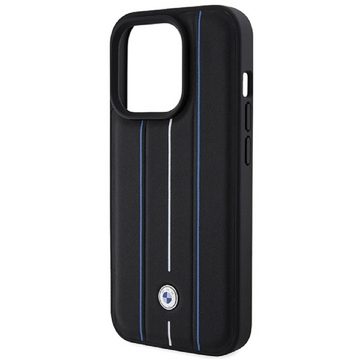 BMW Handyhülle Case iPhone 15 Pro Echtleder Streifen schwarz Logo Metall 6,1 Zoll, Kantenschutz
