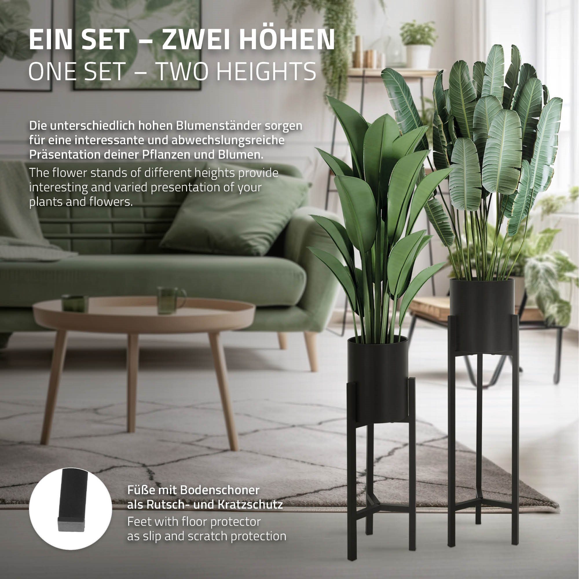 Blumenhalter Robust Pflanztopf Blumenständer Deko Metall Set Übertopf ML-DESIGN 4er Schwarz Modern (2er Set), Blumentopfhalter Pflanzenständer 18x18x56cm/20x20x76cm