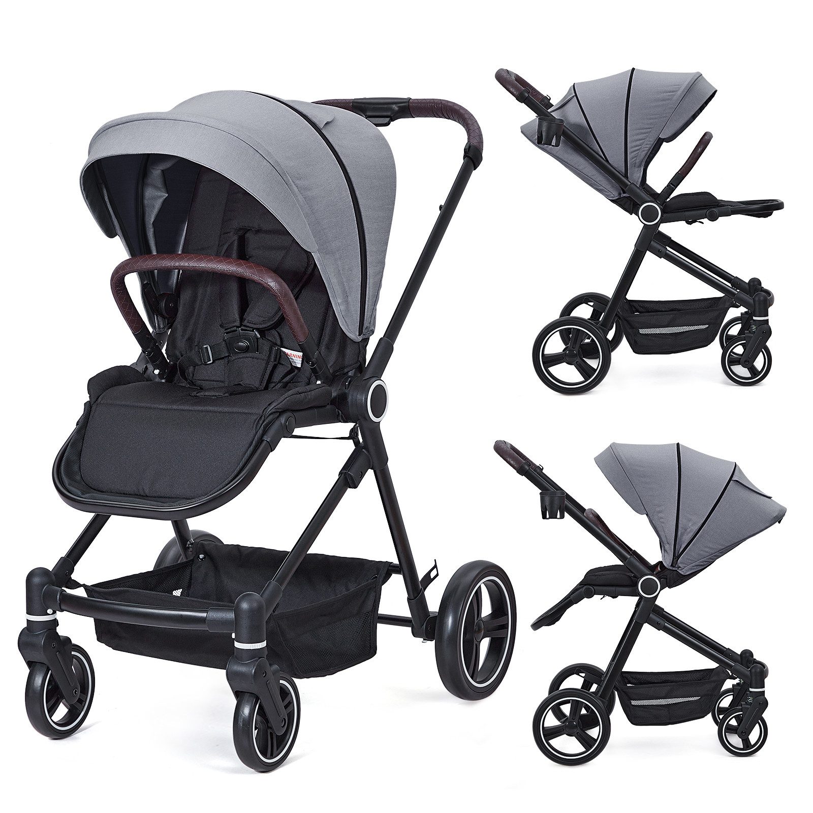 Zwillings-Kombikinderwagen Kinderwagen Set mit umkehrbarem, Babywanne & Buggy, Zusammenklappbar