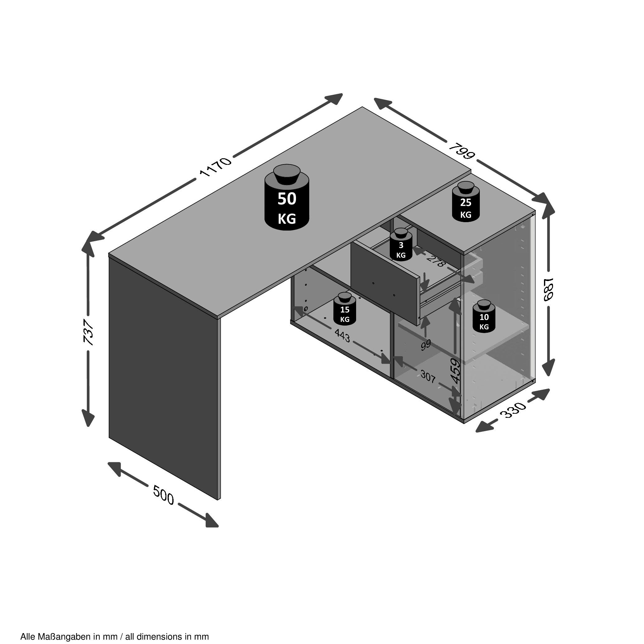 cm AUGSBURG, drehbar, 117/148 Breite / Sideboard Stauraum, FMD eichefarben mit Eckschreibtisch Schreibtisch