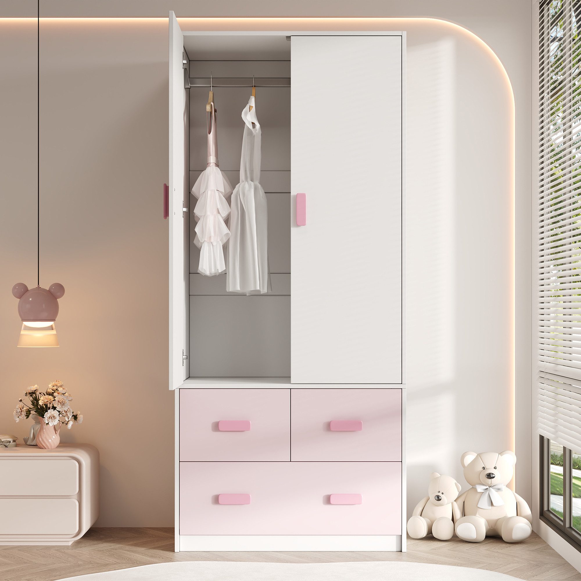 Flieks Kleiderschrank 2-türiger Kleiderschrank mit Kleiderstange & 3 Schubladen, 80×48×180cm