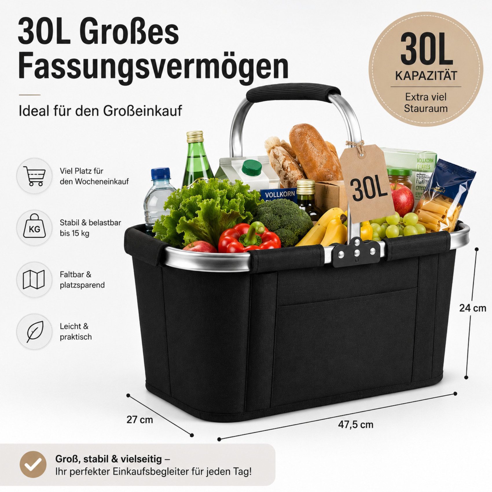 lindahandel Einkaufskorb Klappbarer Einkaufskorb 30L – 600D Oxford, weicher Griff, 30 l, Leichter Faltkorb mit weichem Griff–passt in jede Schublade & ins Auto