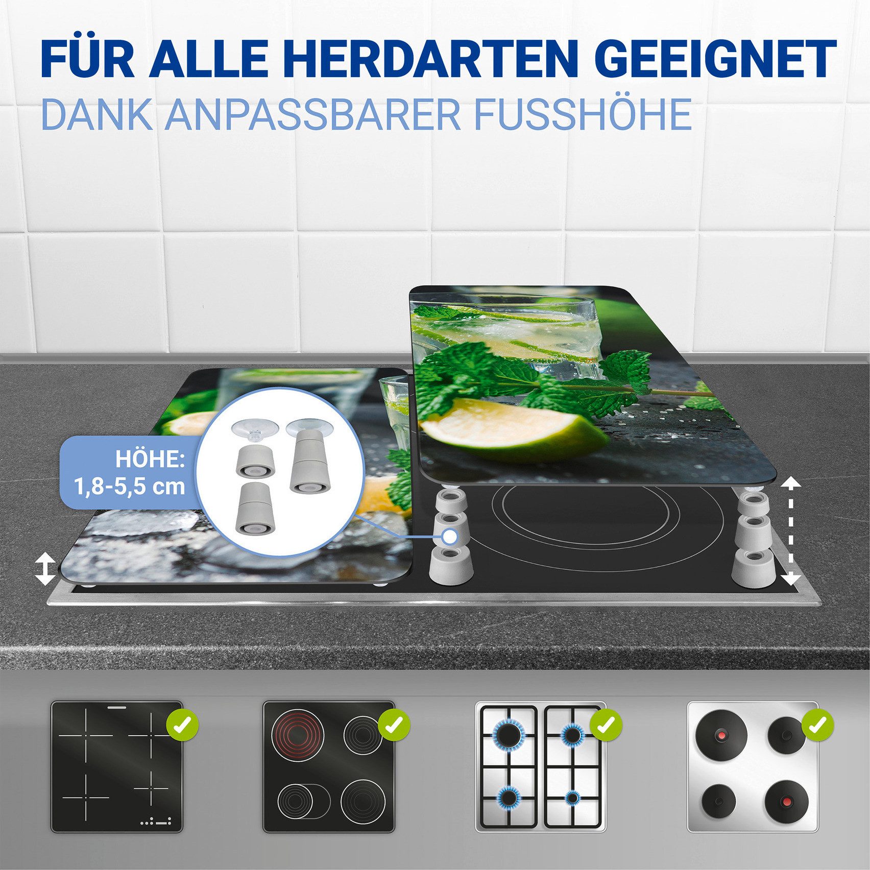 WENKO Herd-Abdeckplatte Universal Modell Mojito, Glas, (Set, 2 tlg), Herdabdeckung für alle Herdarten, kratzfest, mit rutschfesten Füßen