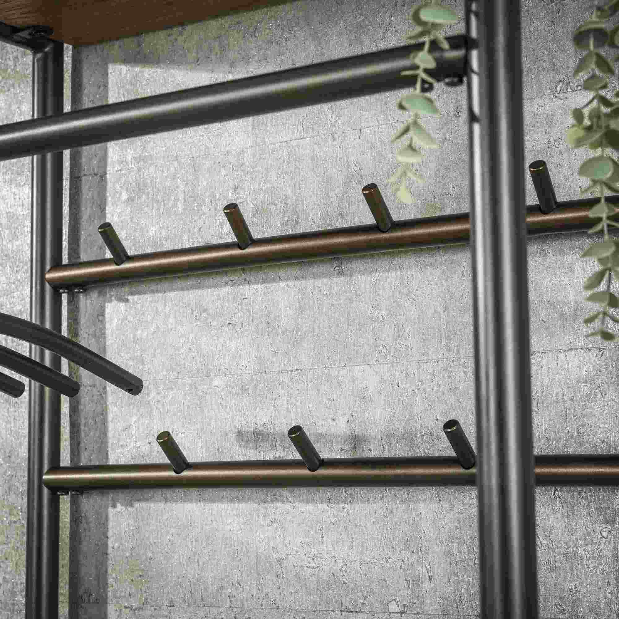 Feeling4Home Garderobe Onul 70 cm Metall Bronze mit Ablagen in Eichenoptik, Funktionales Design mit Stange und sieben Haken