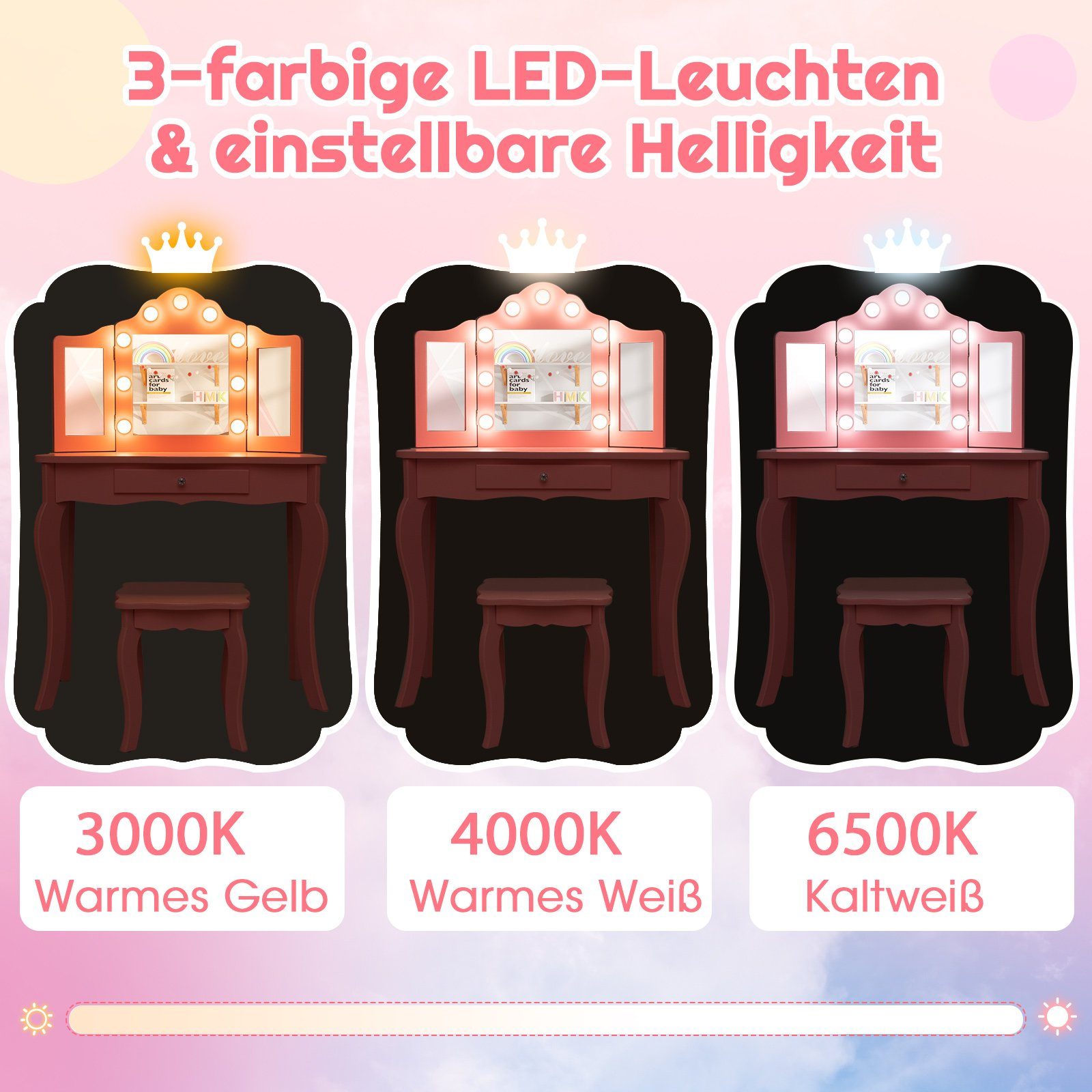 COSTWAY Schminktisch Kinder Schminktisch Set, einstellbare LED Beleuchtung – Bild 3 von 5