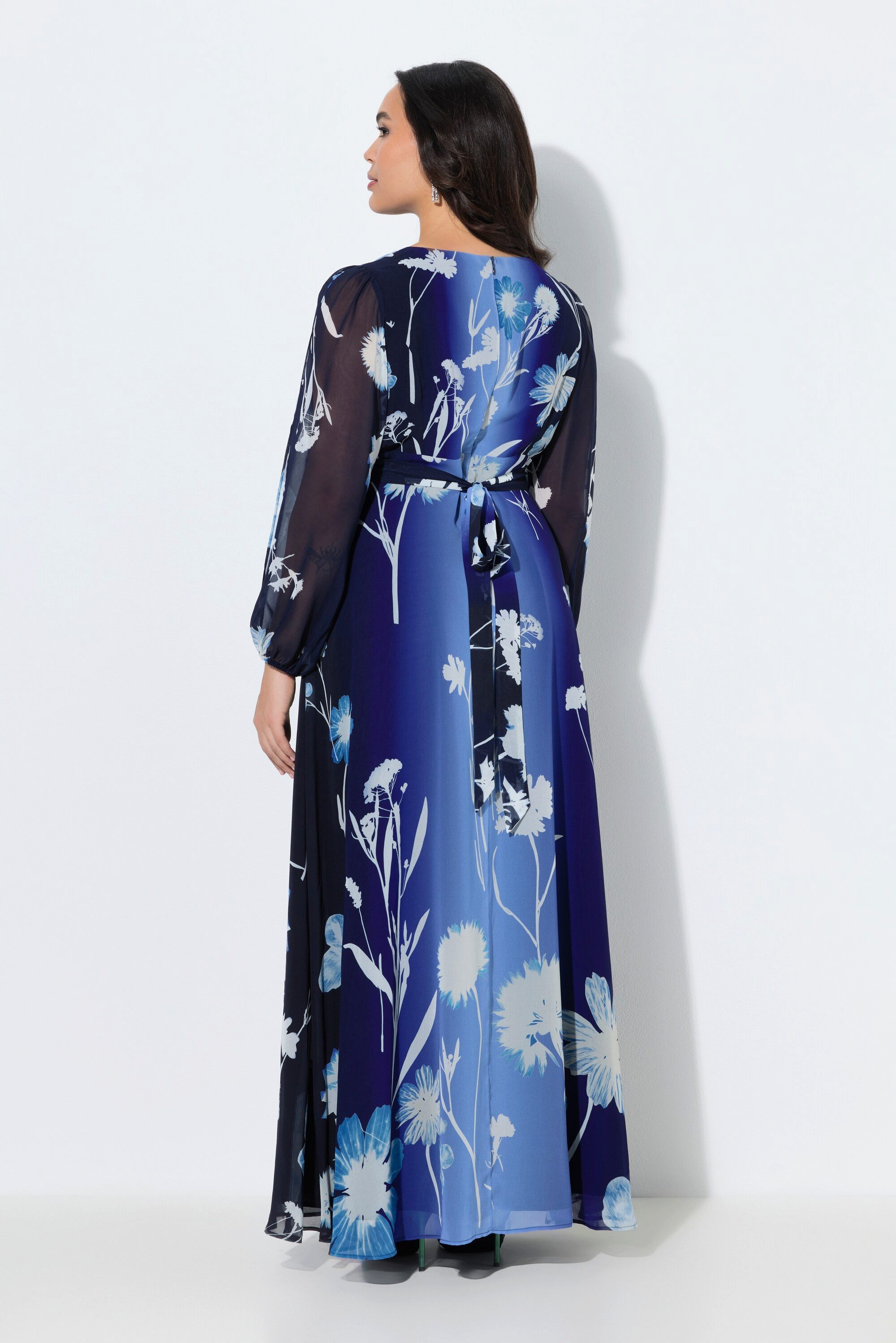 Ulla Popken Cocktailkleid Abendkleid Blüten A-Linie V-Ausschnitt Langarm