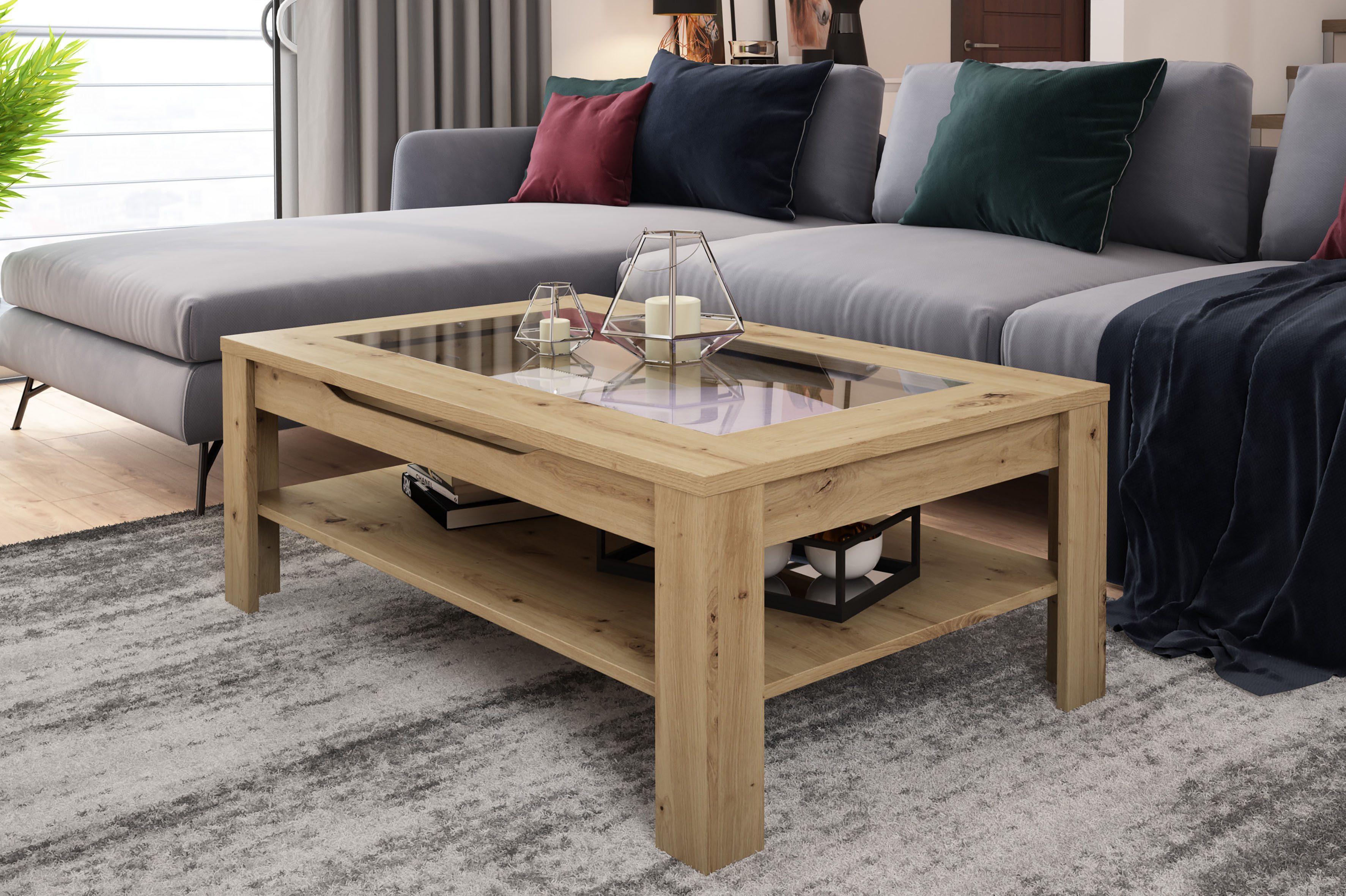 byLIVING Couchtisch RALPH, Tischplatte mit Glaseinlage, Stauraum, 1 Schubkasten, Rollschubführung