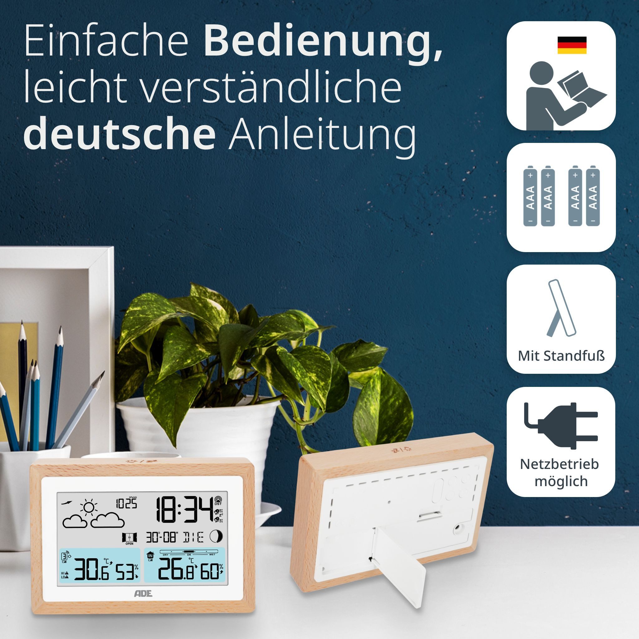 ADE Wetterstation mit Außensensor und Netzteil Funkwetterstation (Außensensor, Netzkabel, Wettervorhersage, Funkwecker, Kalender, Lüftungsempfehlung)