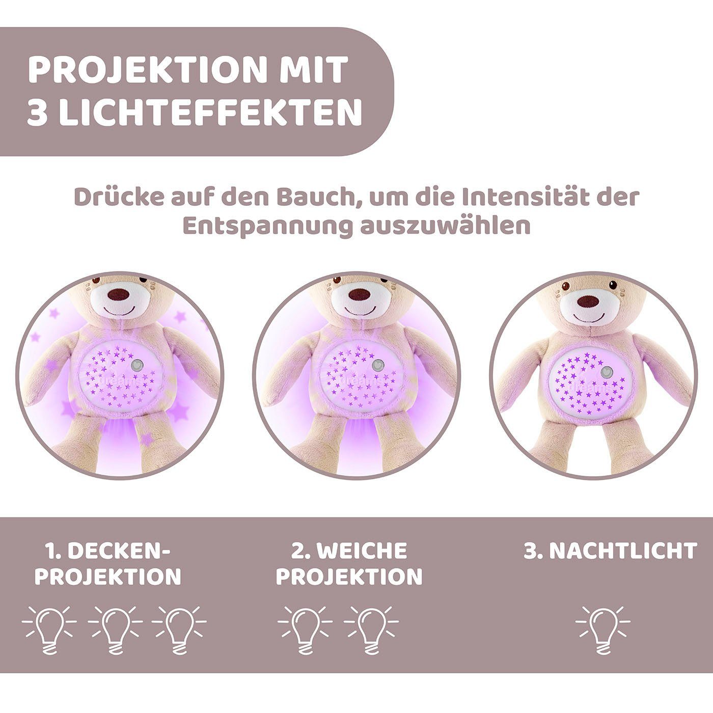 Chicco Kuscheltier First Dreams Baby Bear, Beige, mit Lichtprojektion und Soundfunktion – Bild 3 von 5