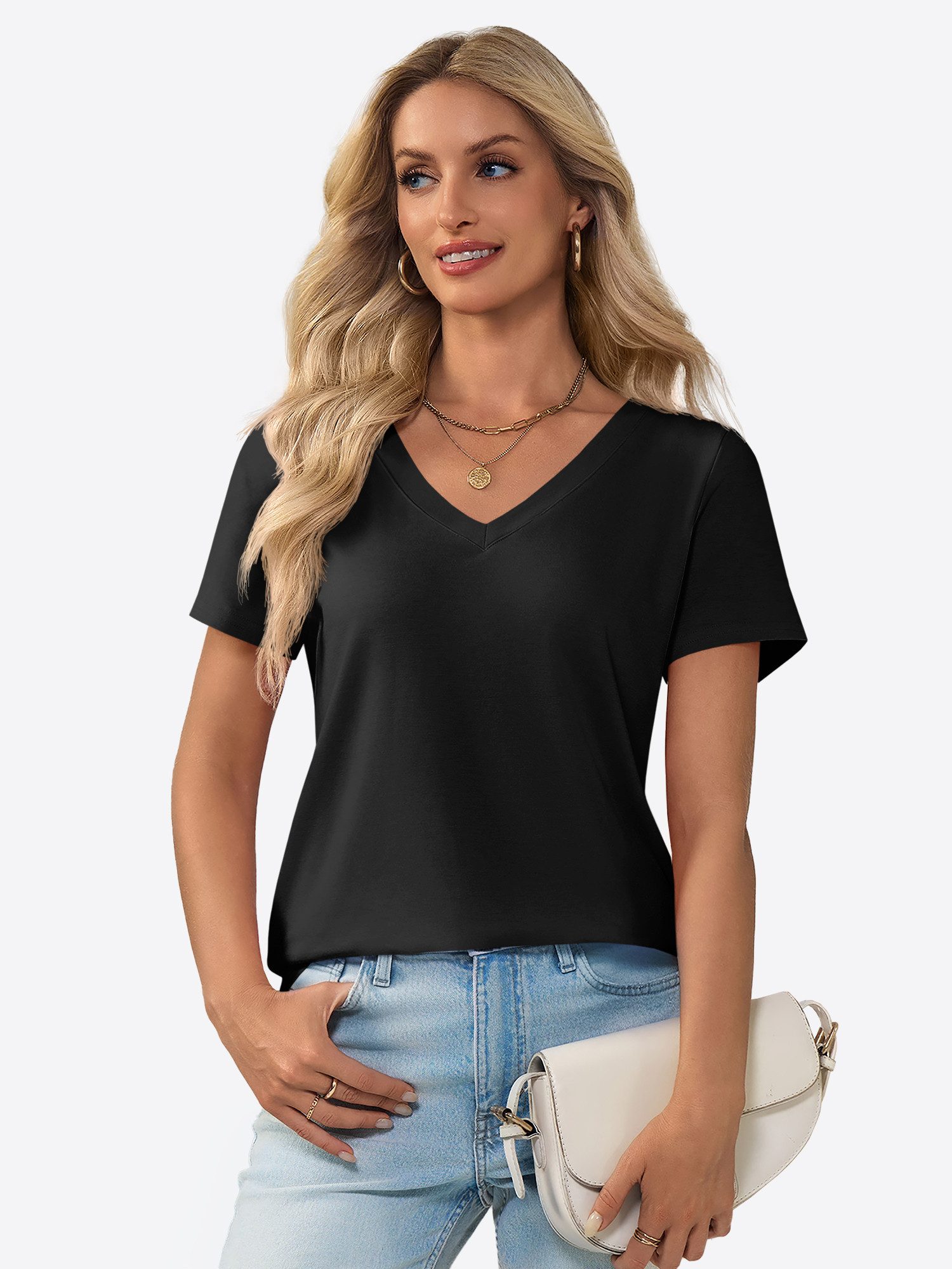 Imily Bela T-Shirt Damen V-Ausschnitt T-Shirt mit Kurzarm Casual Basic Oberteil (Packung, 1-tlg., 1per-Pack) in Unifarbe