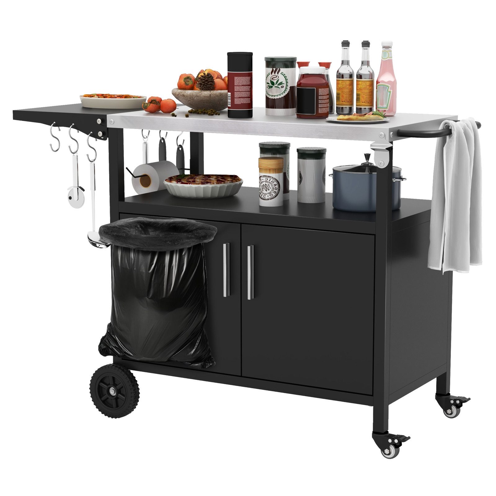 KOMFOTTEU Rollwagen, 3-stöckiger Grillwagen mit klappbarer Arbeitsfläche
