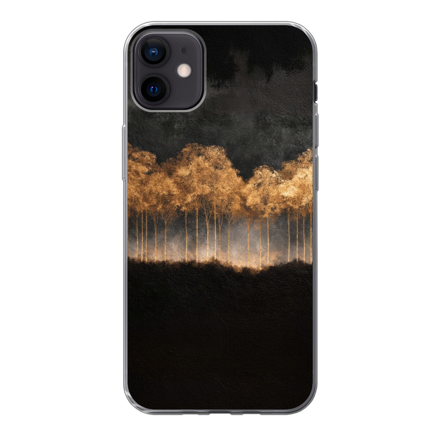 MuchoWow Handyhülle für Apple iPhone 12 Mini Goldene Bäume in nebliger Landschaft, Smartphone-Bumper, Print, Handy Schutzhülle Dünn