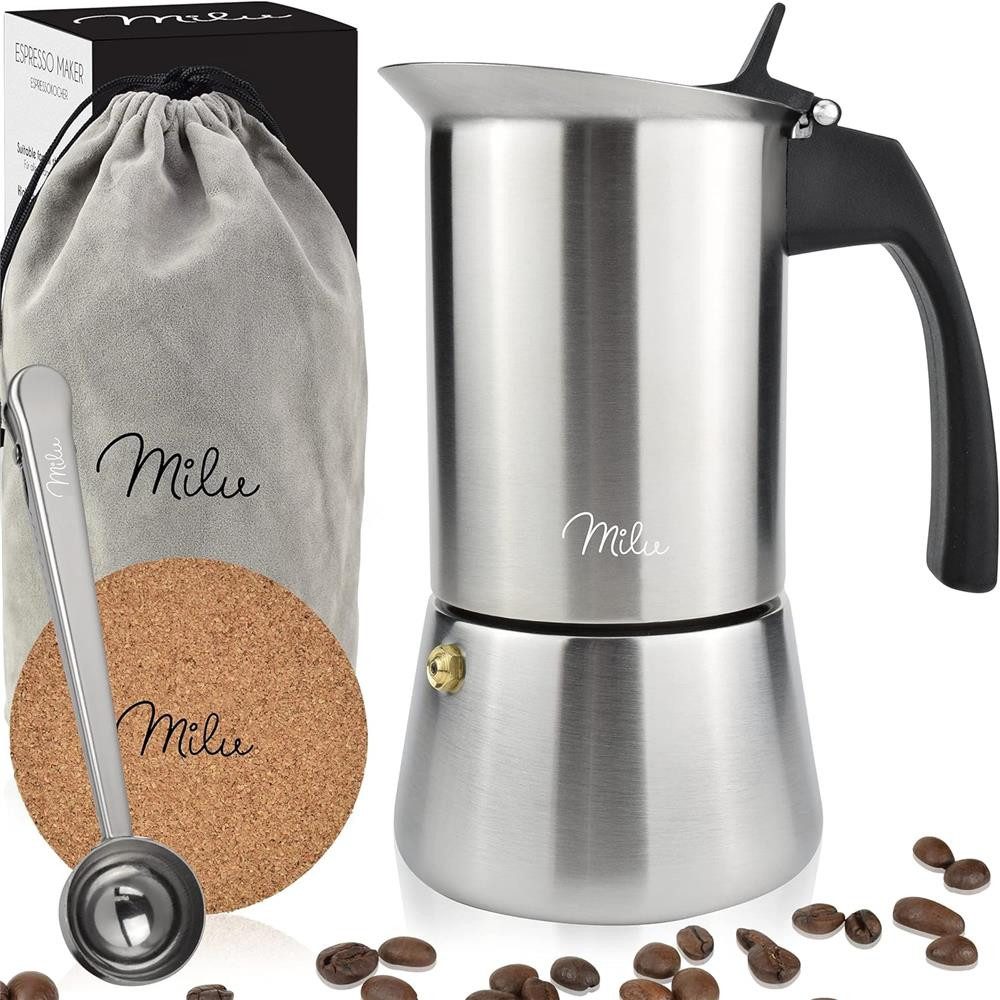 Milu Espressokocher, Edelstahl 9 Tassen, 450 ml, Induktion, Premium Set