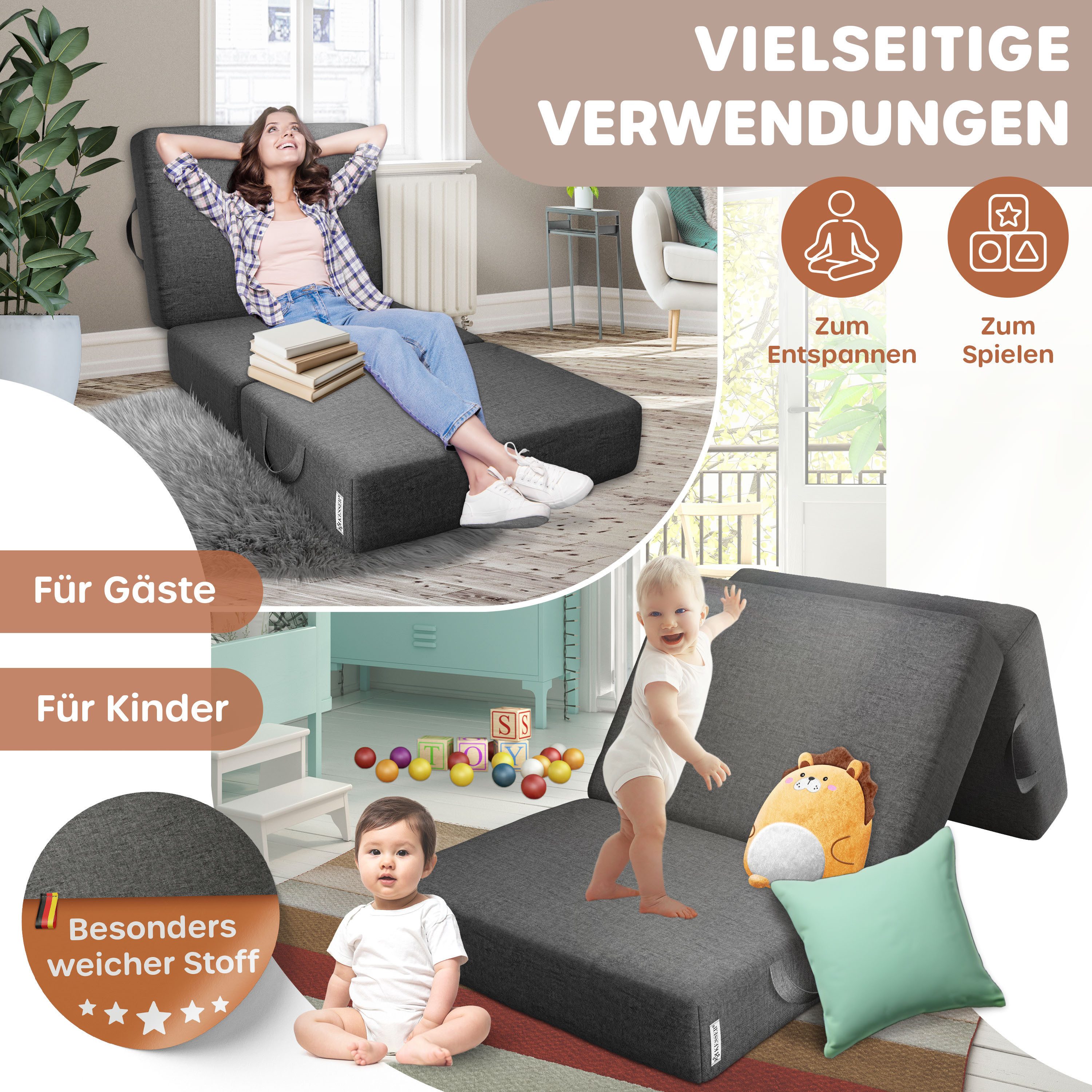 Klappmatratze 15cm hoch Gästematratze 3-fach faltbar zum Sitzhocker, KESSER, (bis zu 30 °C waschbarer abnehmbarer Bezug, Schaumstoff 25kg/m), Faltmatratze Inkl. Wasserabweisende Tragetasche