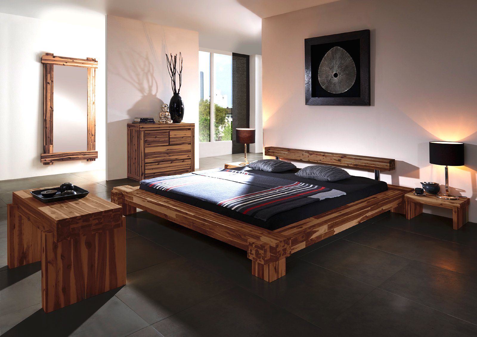 Junado® Holzbett Carma, massives Akazienholz, überkreuzte Bettkanten, Balkenoptik