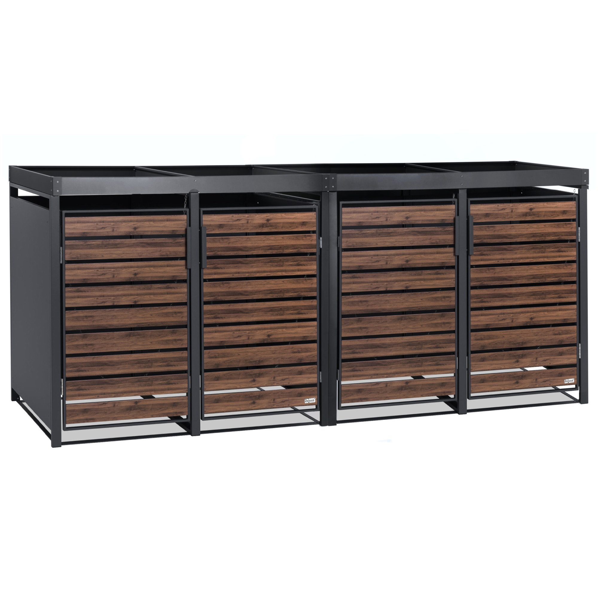 Zelsius Mülltonnenbox 4er mit Pflanzdach, Anthrazit RAL 7016, Tür in dunkelbrauner Holzoptik