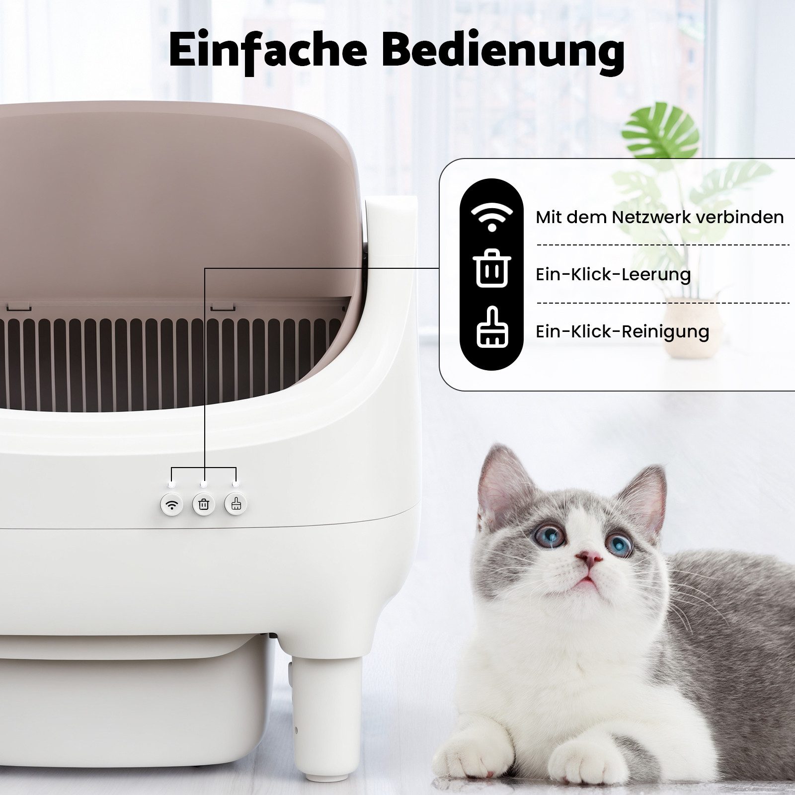 Rebonique Katzentoilette XXL Selbstreinigendes Katzenklo 10,5L mit App & Offenem Design, Inklusive Aromabox, Matte, Katzenstreubeutel und Bürste.2,4-GHz-WLAN.