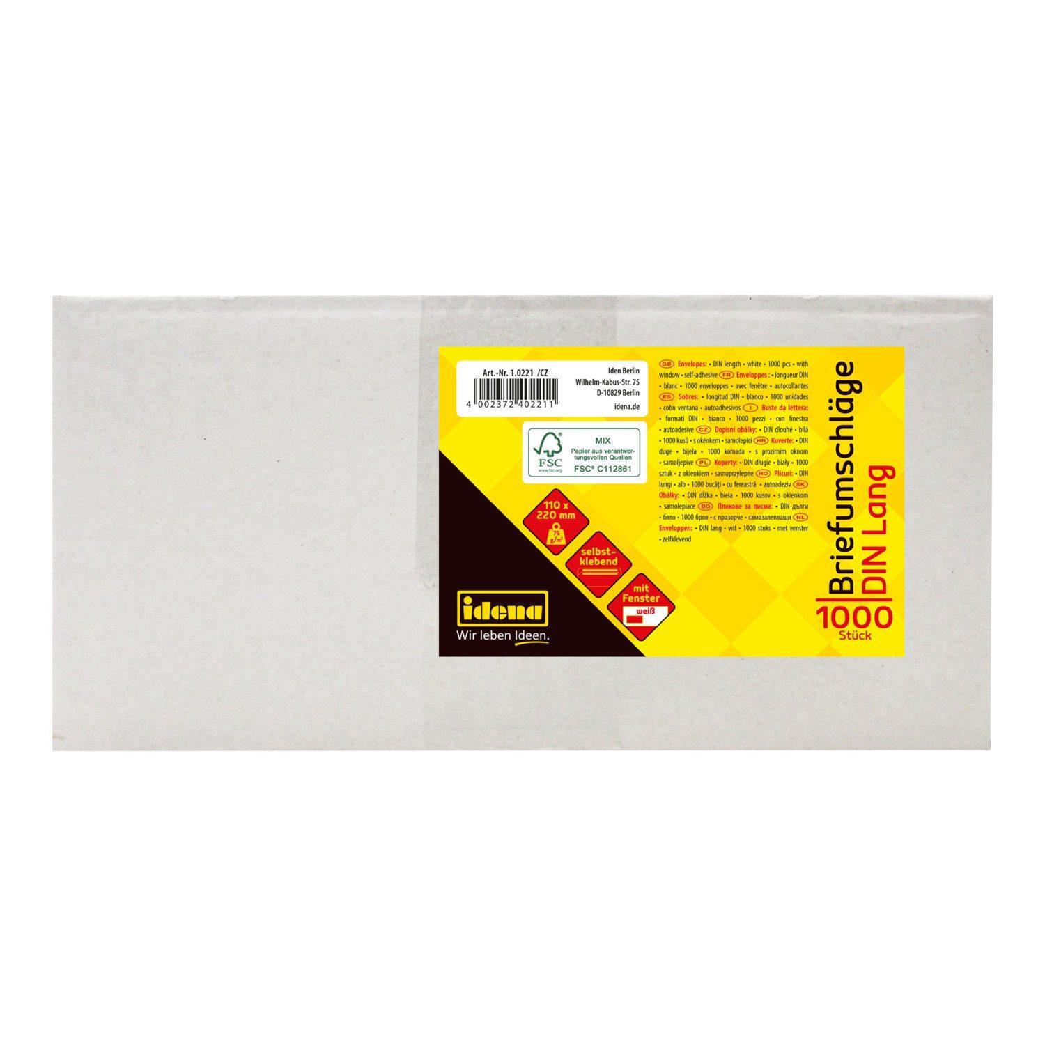 Idena Briefumschlag Idena 10221 - Briefumschläge lang, 75 g/m², selbstklebend, mit Fenster