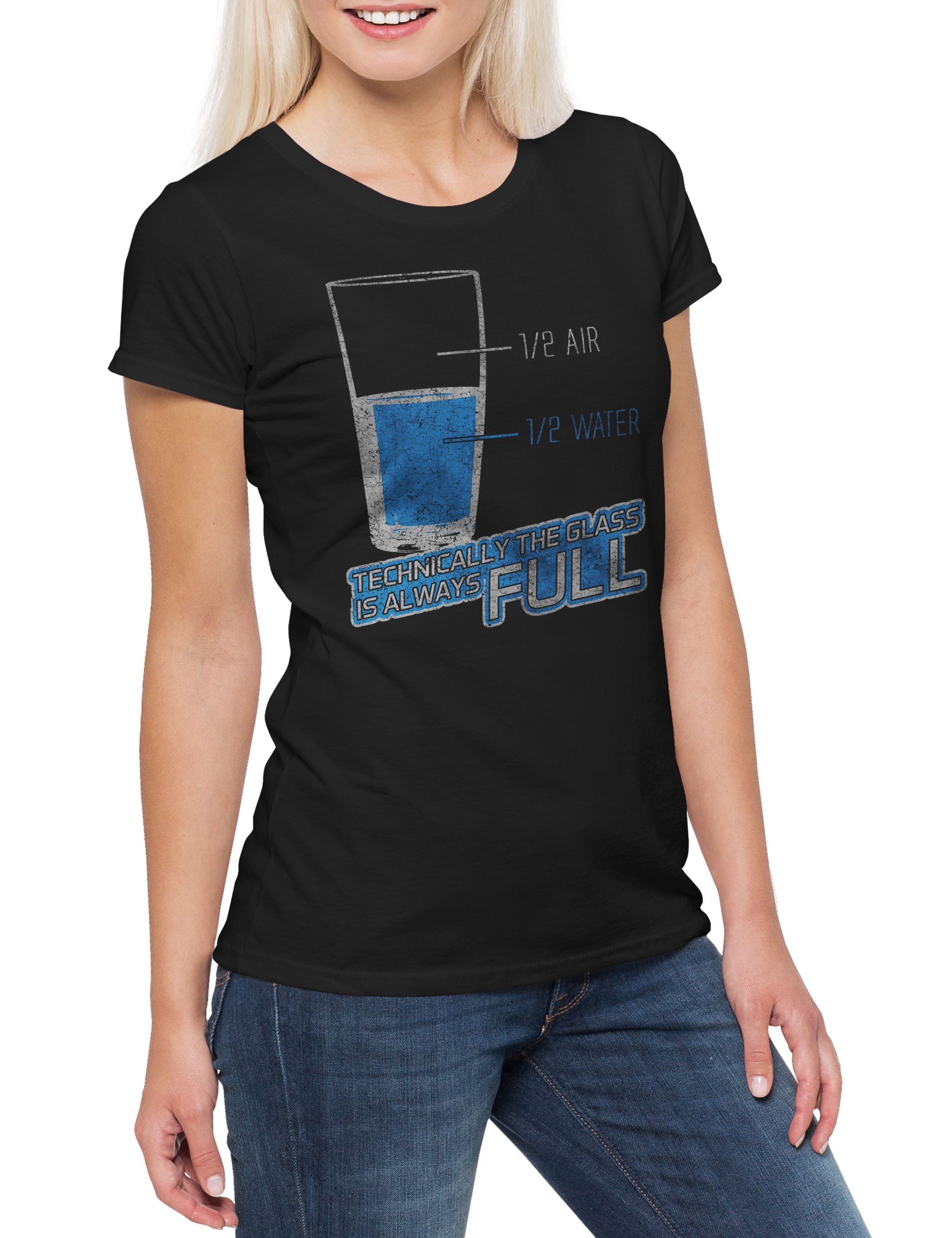 Urban Backwoods Print-Shirt Glas Always Full Damen T-Shirt Optimist Optimistic Comedian Comedy Fun (1-tlg) Halb Voll Fasching Karneval
