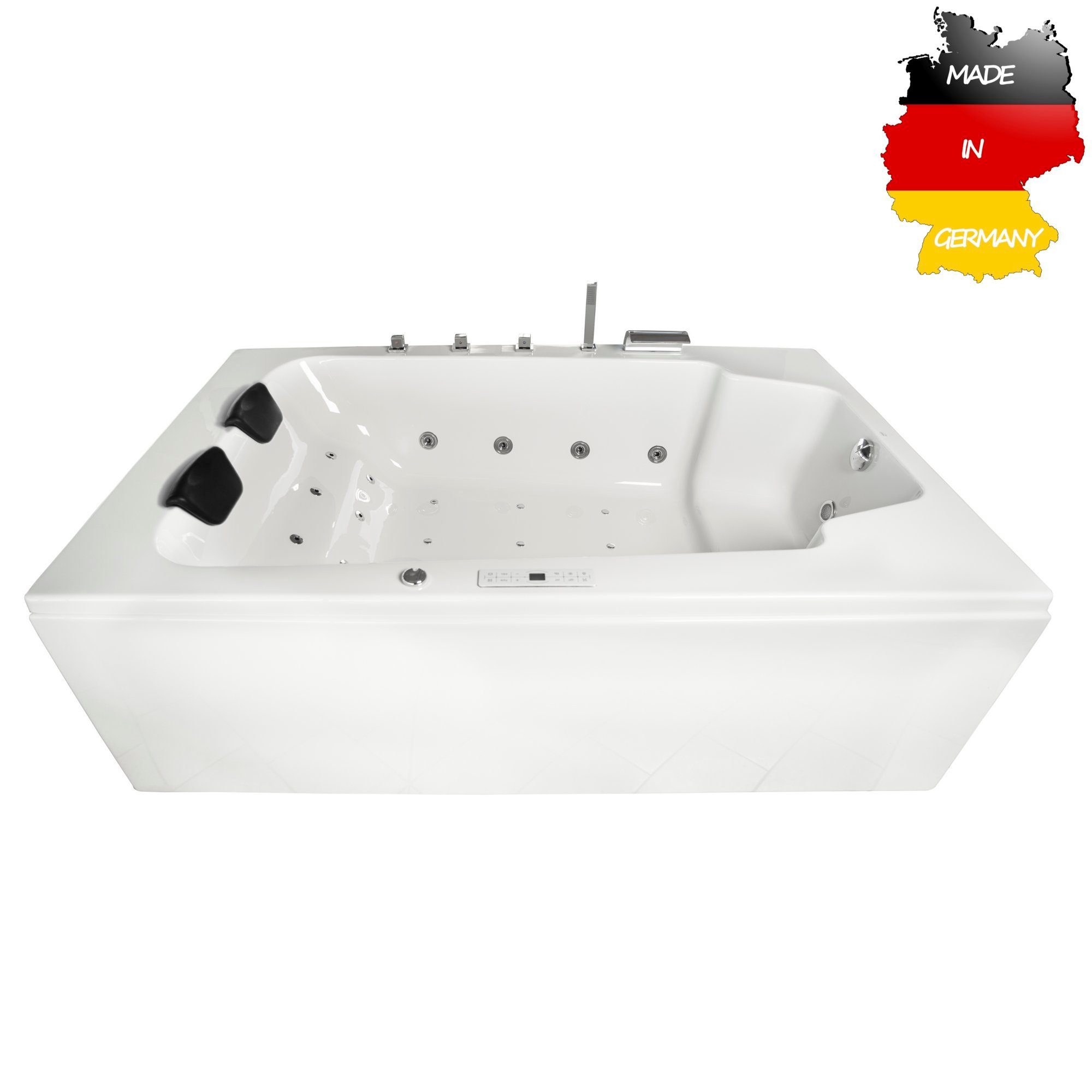 Basera® Whirlpool-Badewanne CLASSIC Indoor Whirlpool Badewanne XXL Milos 190 x 120 cm für 2 Pers., (Komplett-Set), mit 28 Massagedüsen, Wasserfall, LED, Touchpanel, Bluetooth und Radio